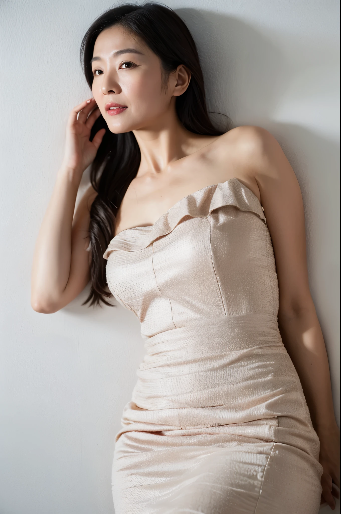 (top quality,masterpiece,ultra-detailed,photo realistic,UHD:1.2),(Textured skin),ruffle dress,(anatomically correct:1.2),white background,(Glossy lips:1.2),(Curvy Body:1.2),((One girl)) ,Japanese mature woman,45 years old,(Whipped thighs),lie down