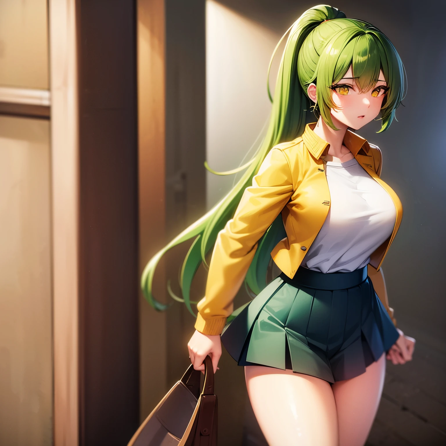 ((best quality)), ((masterpiece)), (detailed), perfect face, anime girl with big , green long hair, ponytail, yellow eyes, yellow shirt, white jacket, short skirt, panties, 8k, masterpiece