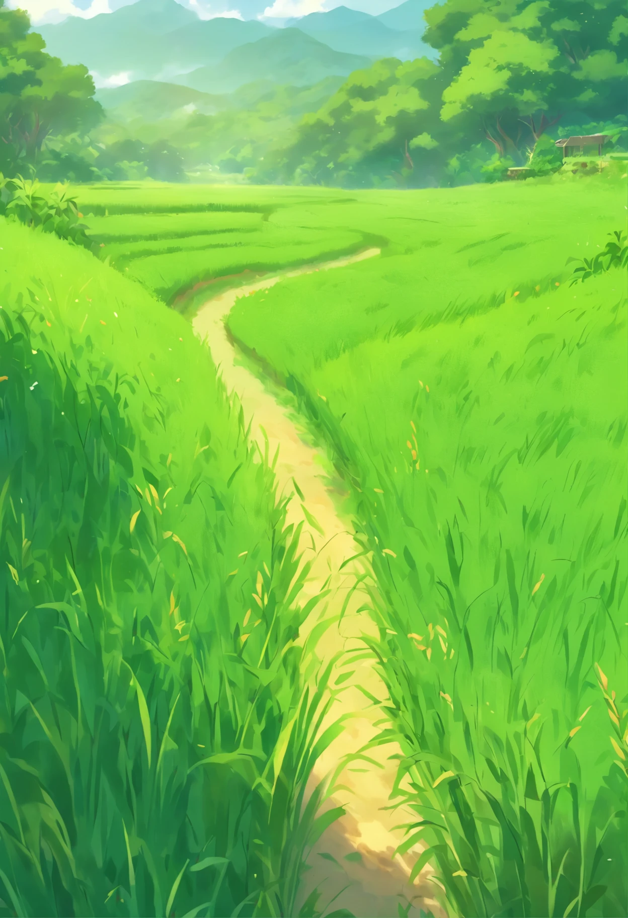 A lush green rice field bathed in sunlight, a serene countryside with a small path meandering through the fields (best quality,4k,8k,highres,masterpiece:1.2),ultra-detailed,(realistic,photorealistic,photo-realistic:1.37),HDR,UHD,studio lighting,extreme detail description,professional,landscape,vivid colors,sharp focus,physically-based rendering,bokeh