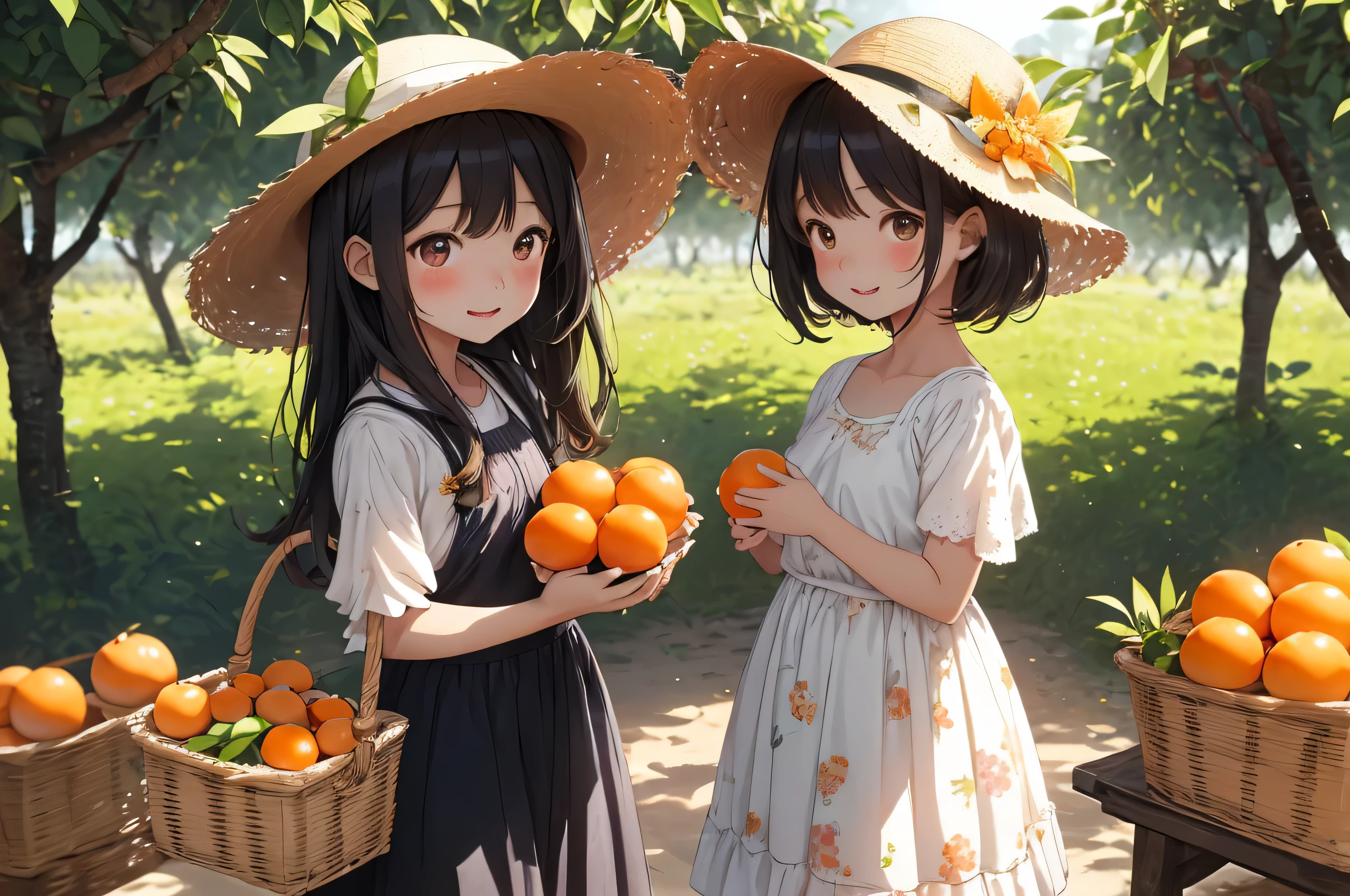 In the orchard，Sunlight shines through lush leaves onto ripe fruits，Shimmering with a charming sheen。穿着碎花裙子的 girl，wearing a straw hat，Holding a small basket in his hand，Walk happily among the fruit trees。She carefully picked fresh oranges one by one，Place it gently into the basket，Afraid of breaking their smooth skin。The aroma of oranges overflows，In the orchard充满了甜美的味道。little#39;A smile of satisfaction and happiness on his face，She felt the joy of harvest and the joy of labor。在这个充满果香的In the orchard，little girl e ripe fruits form a warm and beautiful picture。