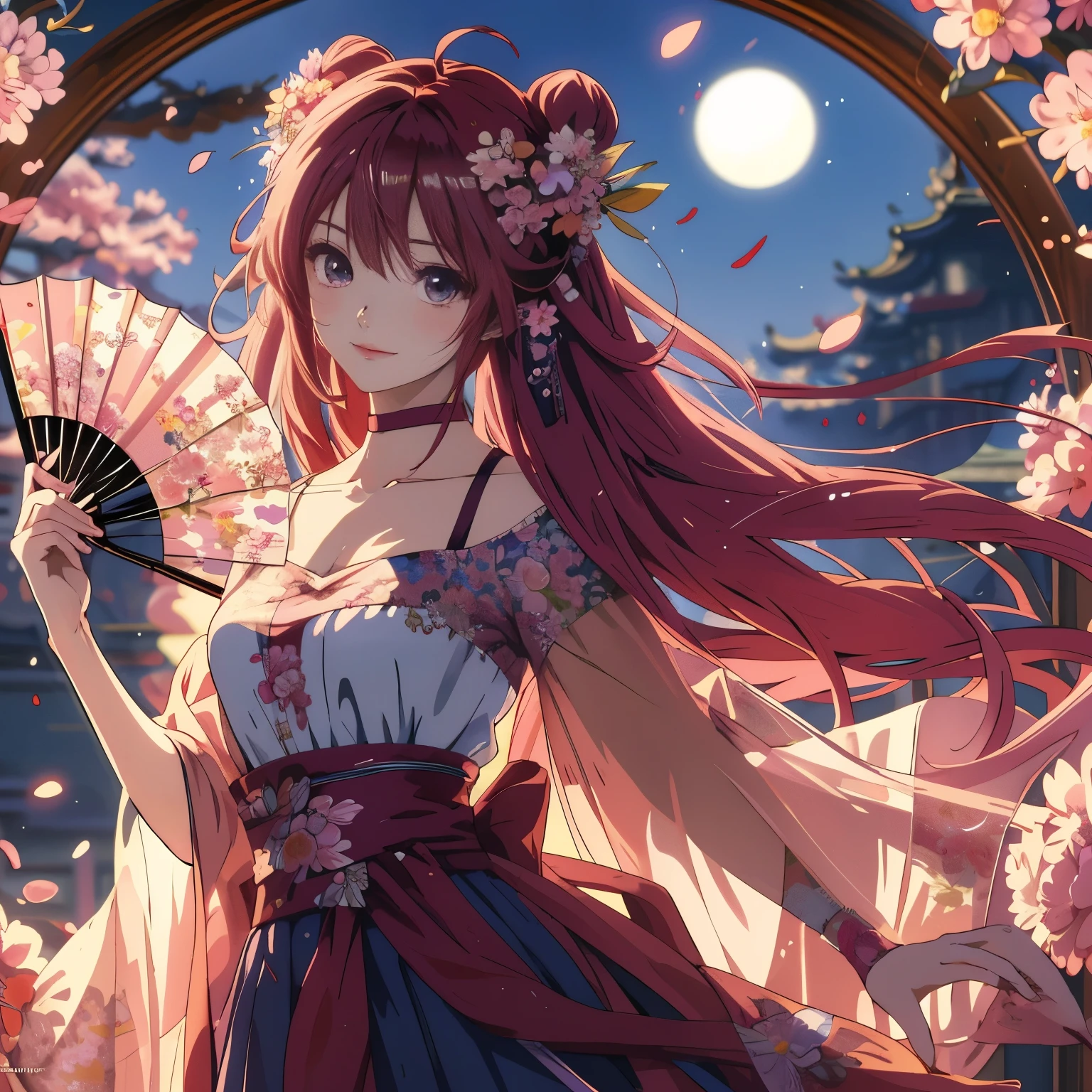 Anime girl with fan and flowers in her hair, anime style 4k, anime art wallpaper 8k, anime art wallpaper 4k, Anime Art Wallpaper 4k, anime wallpaper4k, anime wallpaper4K, 4kanime wallpaper, Beautiful anime style, hd anime wallpaper, anime wallpaper, Beautiful anime, Beautiful anime girl, 4k comic wallpaper