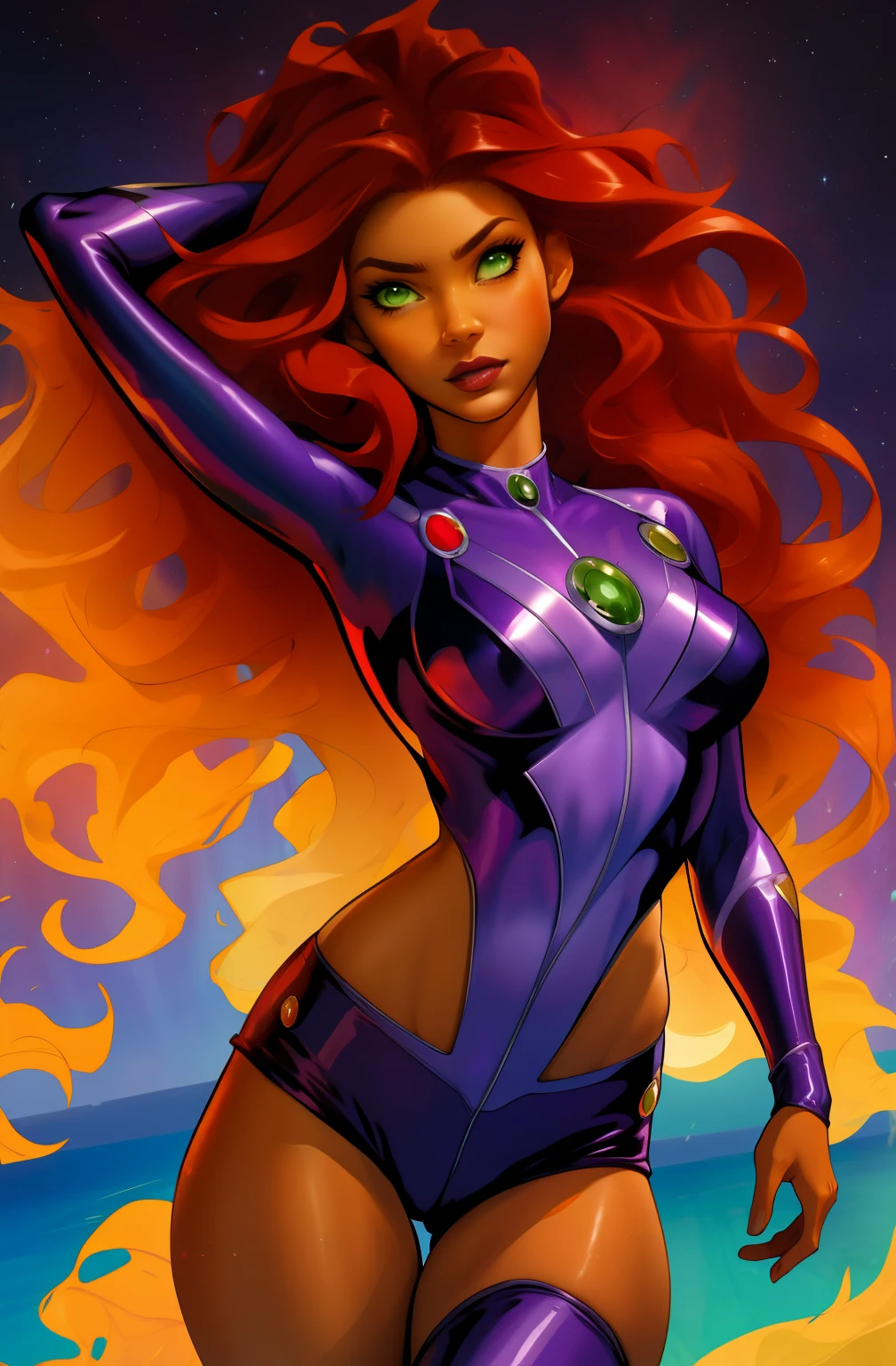 starfire, teen titans, mujer adulta ((comic style)), Amazing artwork, long brown hair woman, piel oscura, ojos verdes, He wears a purple superhero costume, with a ruby on his chest, ojos relucientes verdes ((peinado largo marron)), labios gruesos, ((rojo apretado, correa)), piernas perfectas , 8K, ((Fondo blanco)), Obra maestra, Mejor calidad