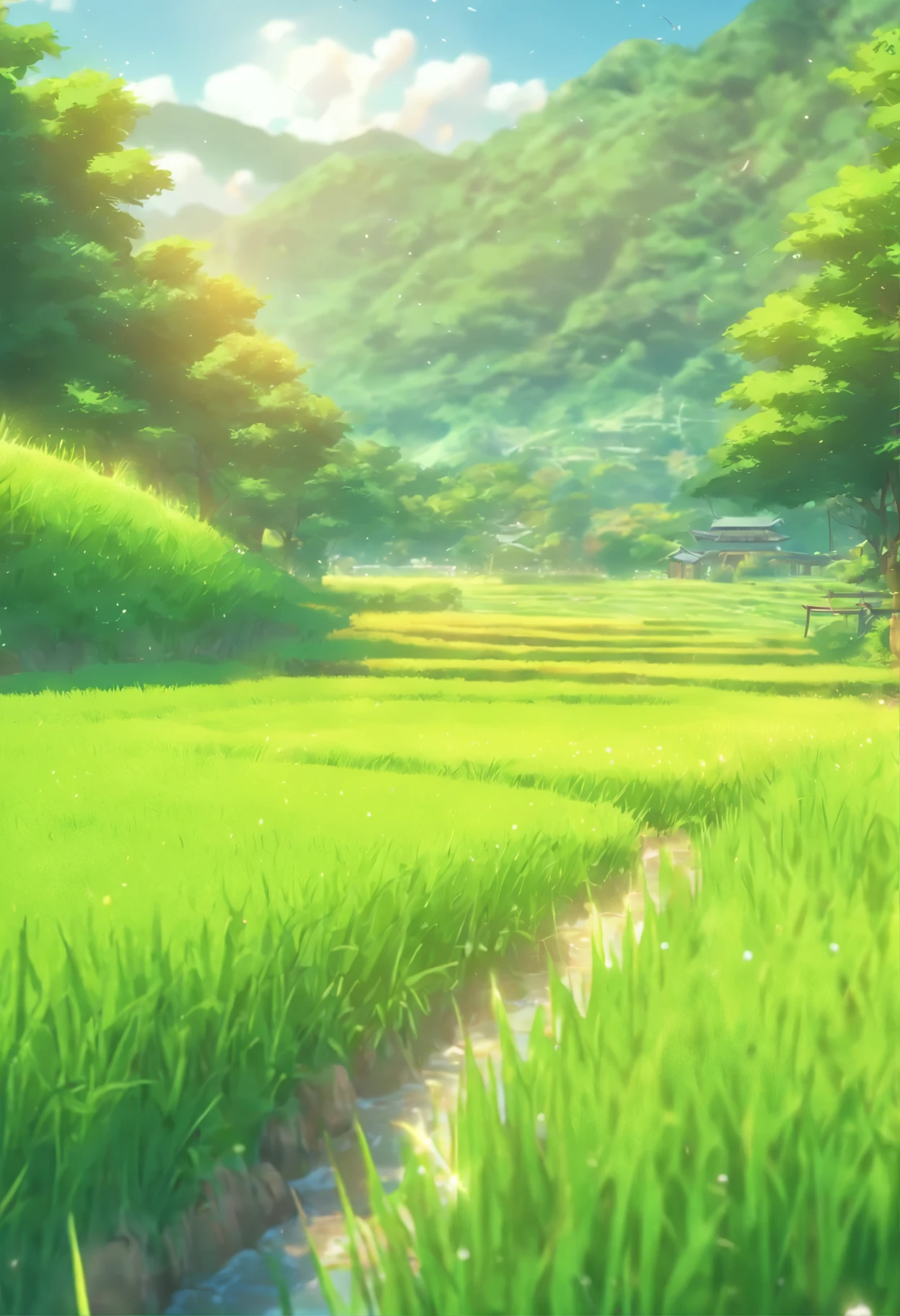 A lush green rice field bathed in sunlight, a serene countryside with a small path meandering through the fields (best quality,4k,8k,highres,masterpiece:1.2),ultra-detailed,(realistic,photorealistic,photo-realistic:1.37),HDR,UHD,studio lighting,extreme detail description,professional,landscape,vivid colors,sharp focus,physically-based rendering,bokeh