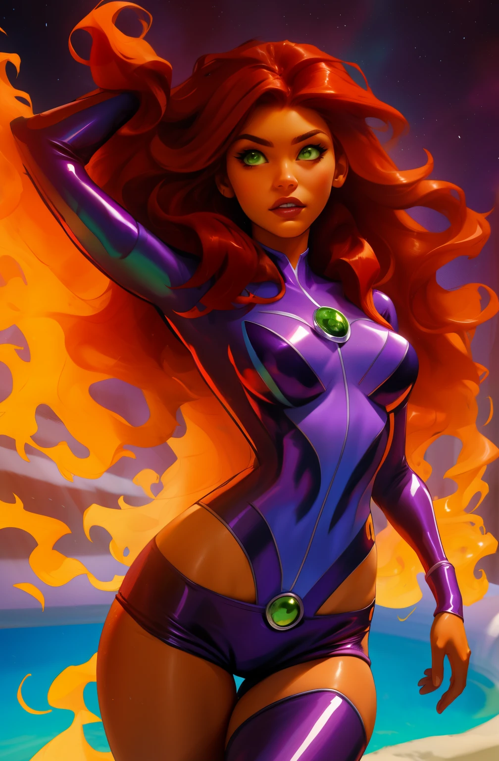 starfire, teen titans, mujer adulta ((comic style)), Amazing artwork, long brown hair woman, piel oscura, ojos verdes, He wears a purple superhero costume, with a ruby on his chest, ojos relucientes verdes ((peinado largo marron)), labios gruesos, ((rojo apretado, correa)), piernas perfectas , 8K, ((Fondo blanco)), Obra maestra, Mejor calidad