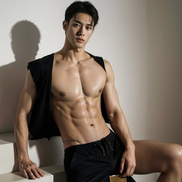 masterpiece, top quality, intricate detail, magazine front page, Korean men's magazine, Magazine's Title with black color font, a young handsome boy with string thong, tan ktop , tall muscle, ((abs)), Kpop idol, looking at camera, beautiful face, white background, fashion model, Kpop boy's group member, fashionable damage short pants, ikemen