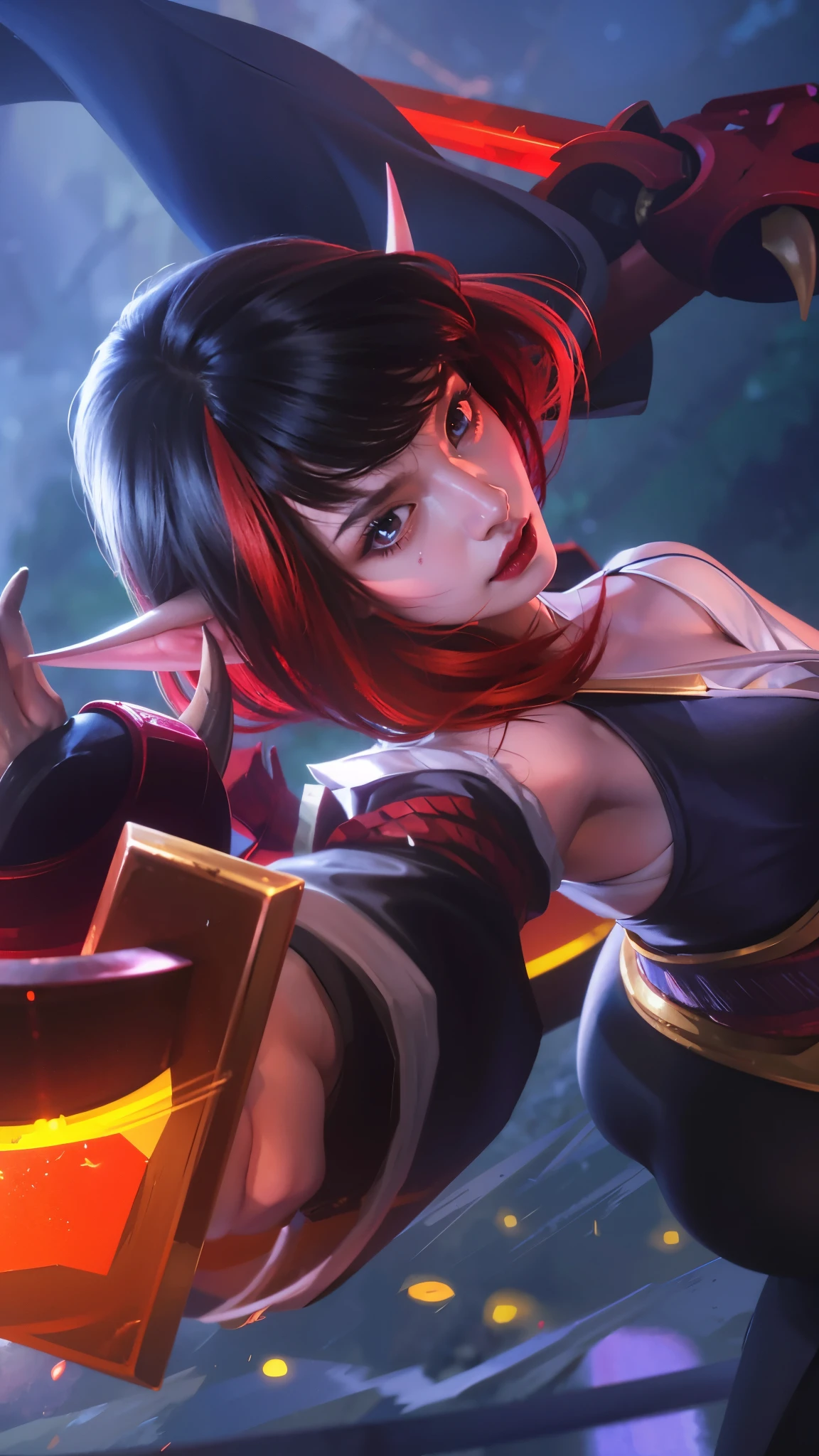 (female:1.2), 8k, ultra hd, ultra detailed texture, hyper realistic, masterpiece, detailed texture, detailed face, detailed skin, detailed lighting, (photorealistic:1.5), best quality, beautiful lighting, cinematic lighting, professional lighting, ultra highres, realistic, detailed hair, real hair, high quality, (realskin:1.5), extremely detailed, finely detail, ultra-detailed, 1girl, solo, elf, pointy ears, standing, demon horns, forehead protector, (red eyes:1.5), v-shapped eyebrow, lips, red lips, evil smile, nose, make up, pretty, beautiful, cute face, long hair, blue hair, high ponytail, large breasts, cleavage, armpit, navel, stomach, black armor, pauldrons, bare shoulders, shoulder armor, thigh high, sleevless, detached sleeves, breastplate, gauntlets, karina \(mobile legends\), depth of field, looking aways, white skin, skin tight, amazing pose, outdoors, glowing, dark view
