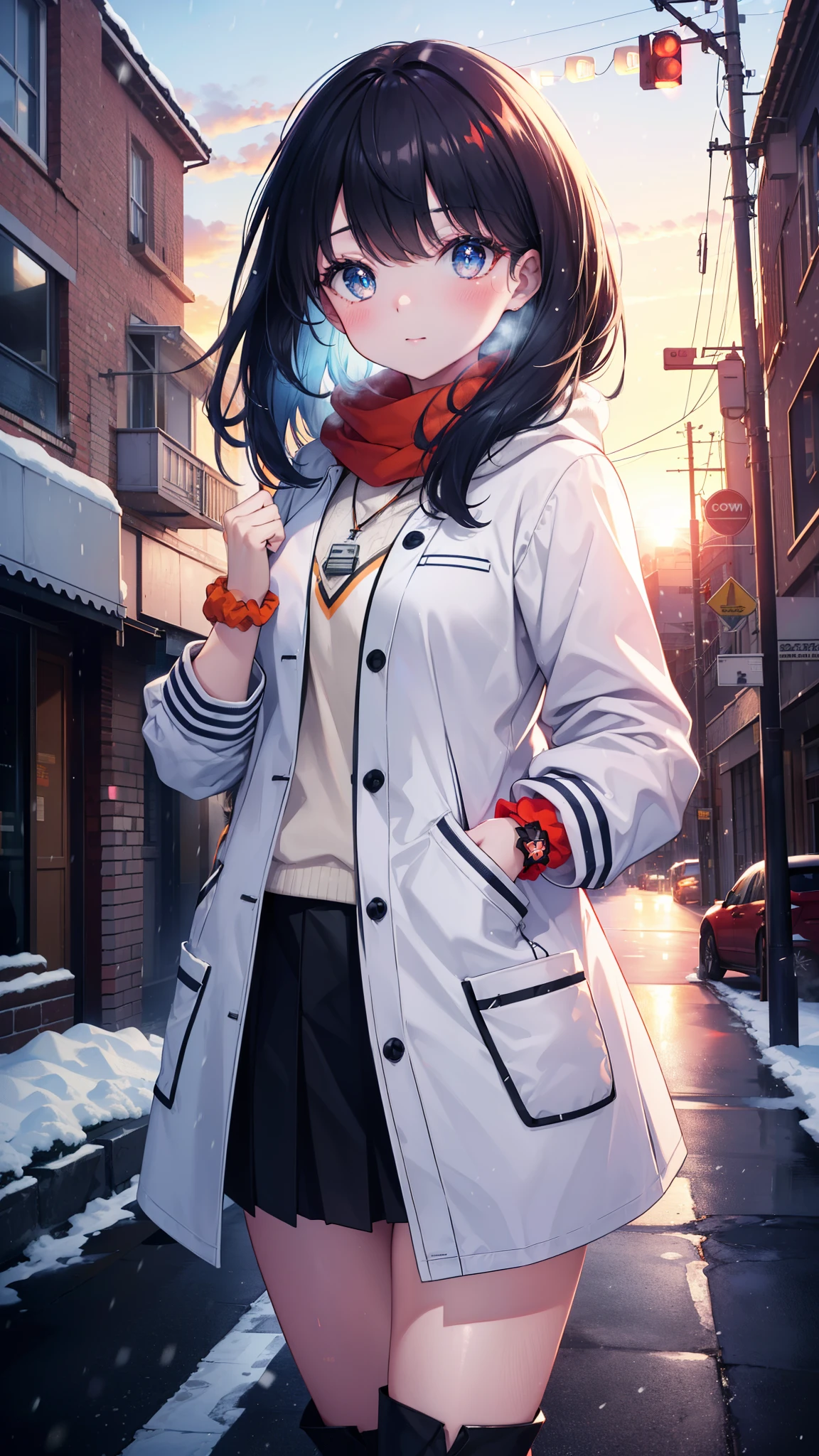 It&#39;s a good body, rikka takarada, black hair, blue eyes, long hair, orange Scrunchie, Scrunchie, wrist Scrunchie,smile,blush,heart shaped necklace,red muffler,white long coat,red sweater,black long skirt,red muffler,short boots,winter,cold sky,It&#39;s snowing,snow is falling,Hands in coat pockets,
break outdoors, In town,building street,
break looking at viewer, (cowboy shot:1.5),
break (masterpiece:1.2), highest quality, High resolution, unity 8k wallpaper, (figure:0.8), (detailed and beautiful eyes:1.6), highly detailed face, perfect lighting, Very detailed CG, (perfect hands, perfect anatomy),