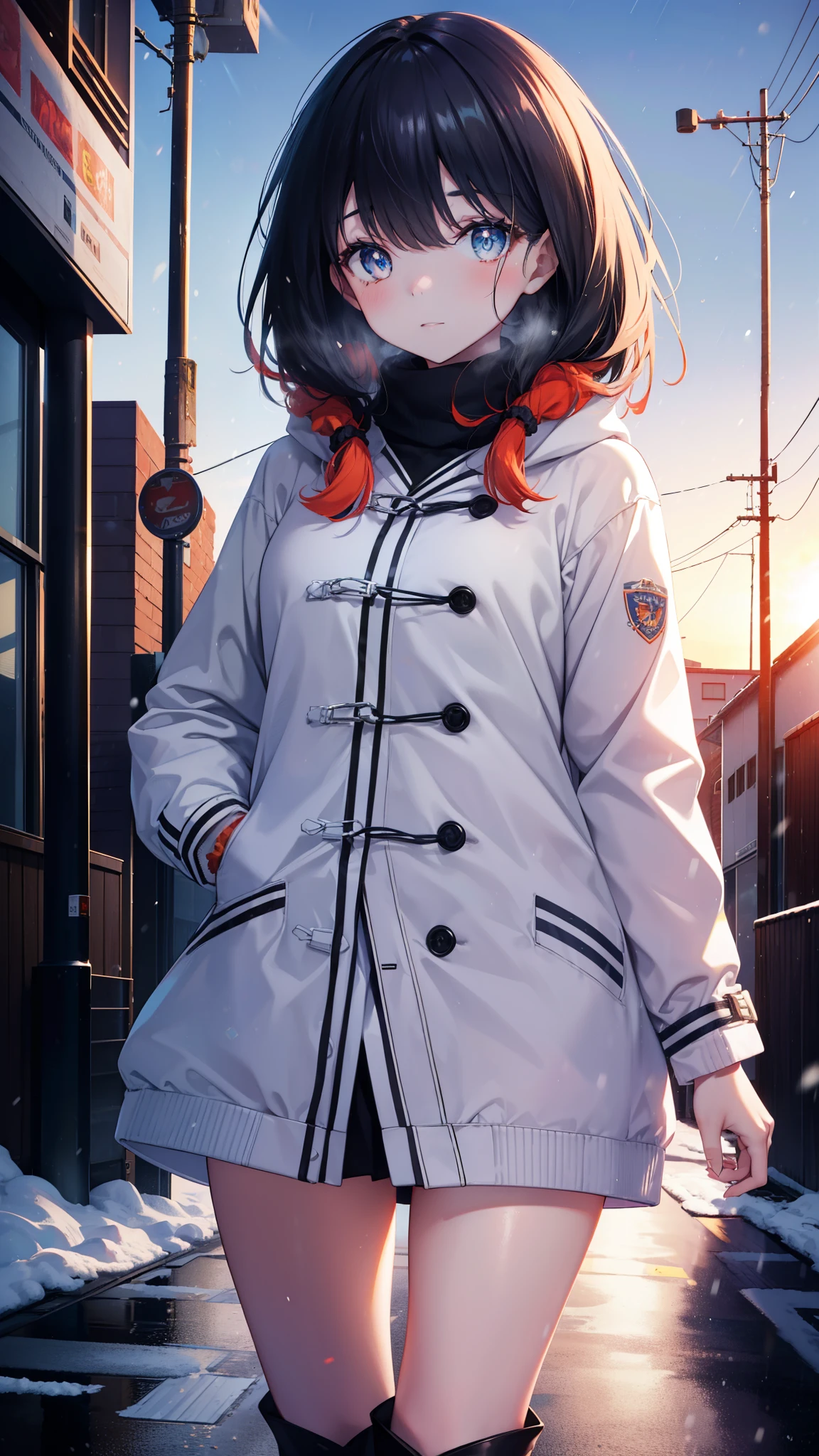 It&#39;s a good body, rikka takarada, black hair, blue eyes, long hair, orange Scrunchie, Scrunchie, wrist Scrunchie,smile,blush,heart shaped necklace,red muffler,white long coat,red sweater,black long skirt,red muffler,short boots,winter,cold sky,It&#39;s snowing,snow is falling,Hands in coat pockets,
break outdoors, In town,building street,
break looking at viewer, (cowboy shot:1.5),
break (masterpiece:1.2), highest quality, High resolution, unity 8k wallpaper, (figure:0.8), (detailed and beautiful eyes:1.6), highly detailed face, perfect lighting, Very detailed CG, (perfect hands, perfect anatomy),