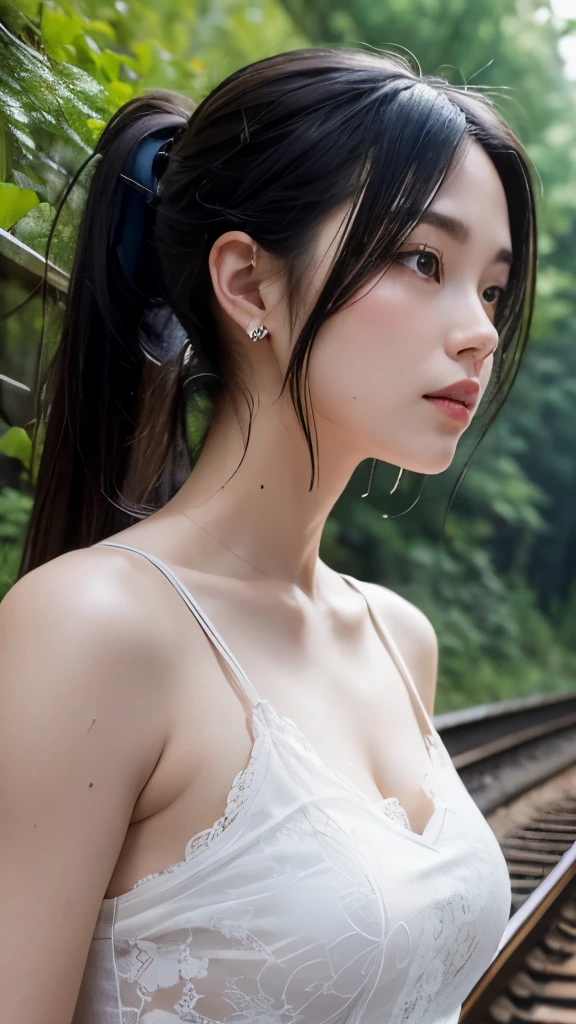 A beautiful and lovely woman is wearing white lace casual clothes, with long black hair tied into a ponytail, small breasts, and her clothes are wet from the rain. She is looking sideways at the camera, standing on an abandoned double-track railway in a mountain forest, looking upward. The railway is 5 kilometers wide. Ruler, the slope on the left side of the railway goes up, the slope on the right side of the railway goes down, covered with thick and dense frigid trees, masterpiece, ambient light, realism, best quality, skin details, 12k resolution, HDR, full body, movie lighting, sharp focus , wide-angle photography, eyeliner, lips, earrings, hmmikasa, long shenhe_genshin