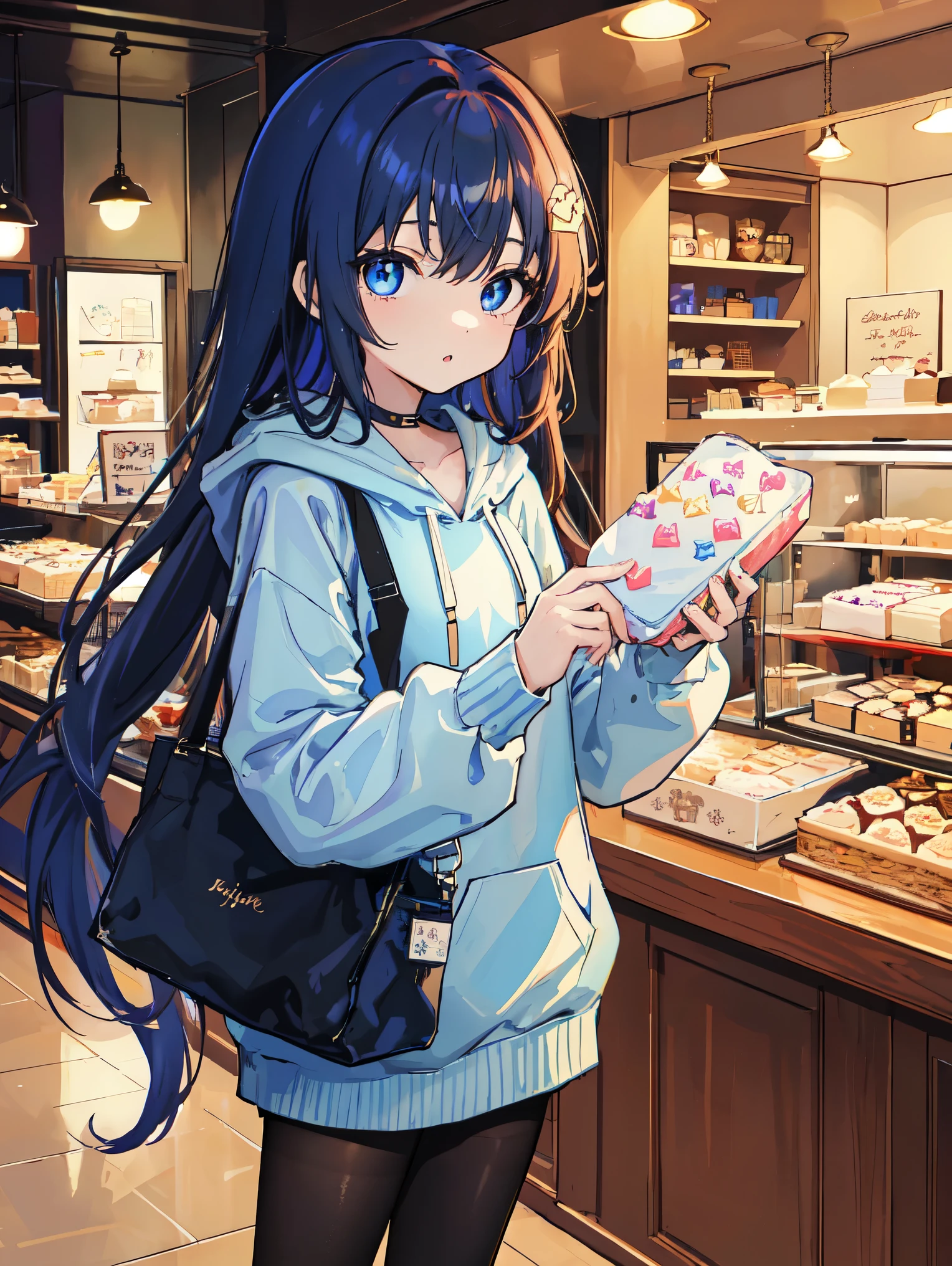 masterpiece、High quality、detailed、cute girl、bright chestnut long hair、two side up hair、blue eyes、blue long hoodie、black pantyhose、loafers、university student、tote bag、、narrow shoulders、Inside the cake shop、Staring with sparkling eyes at the showcase where cakes are displayed.、I'm excited、anime art