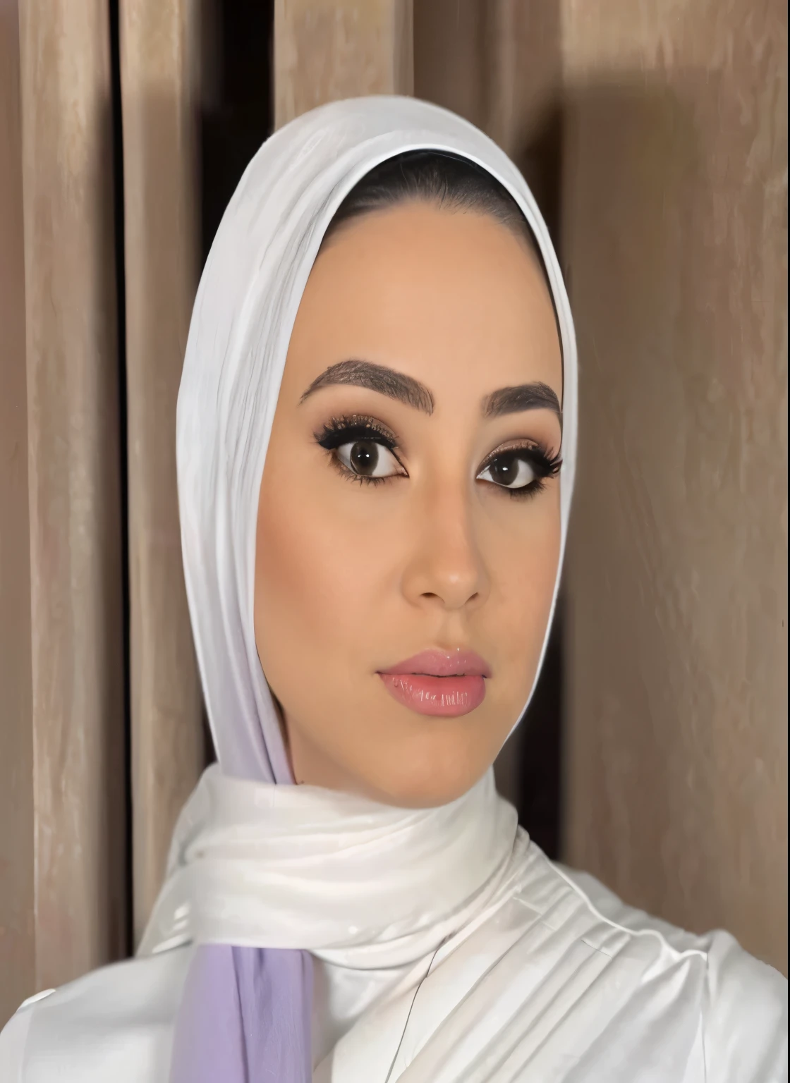 a close up of a woman wearing a hijab branco and a purple scarf, hijab branco, Beautiful Arab woman,