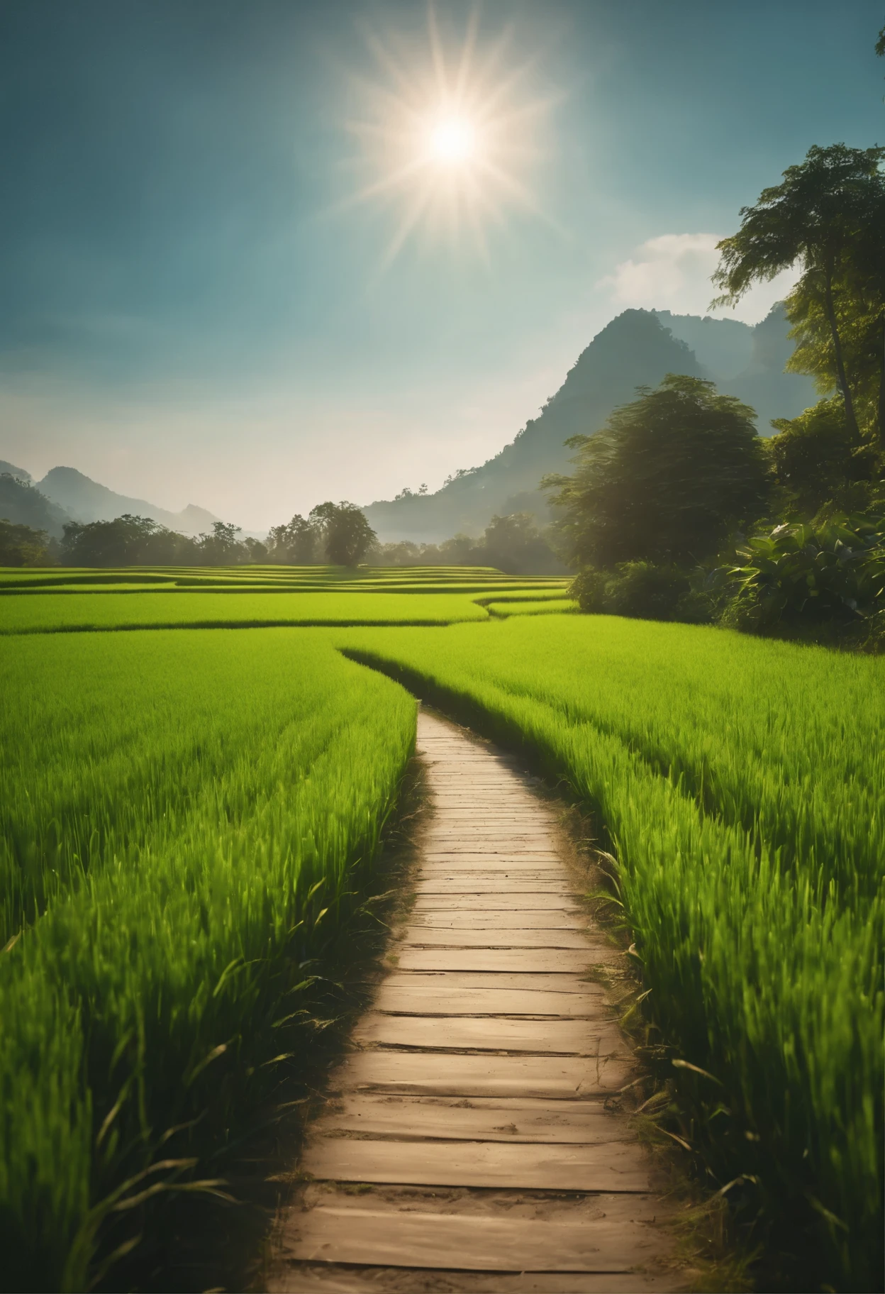 A lush green rice field bathed in sunlight, a serene countryside with a small path meandering through the fields (best quality,4k,8k,highres,masterpiece:1.2),ultra-detailed,(realistic,photorealistic,photo-realistic:1.37),HDR,UHD,studio lighting,extreme detail description,professional,landscape,vivid colors,sharp focus,physically-based rendering,bokeh