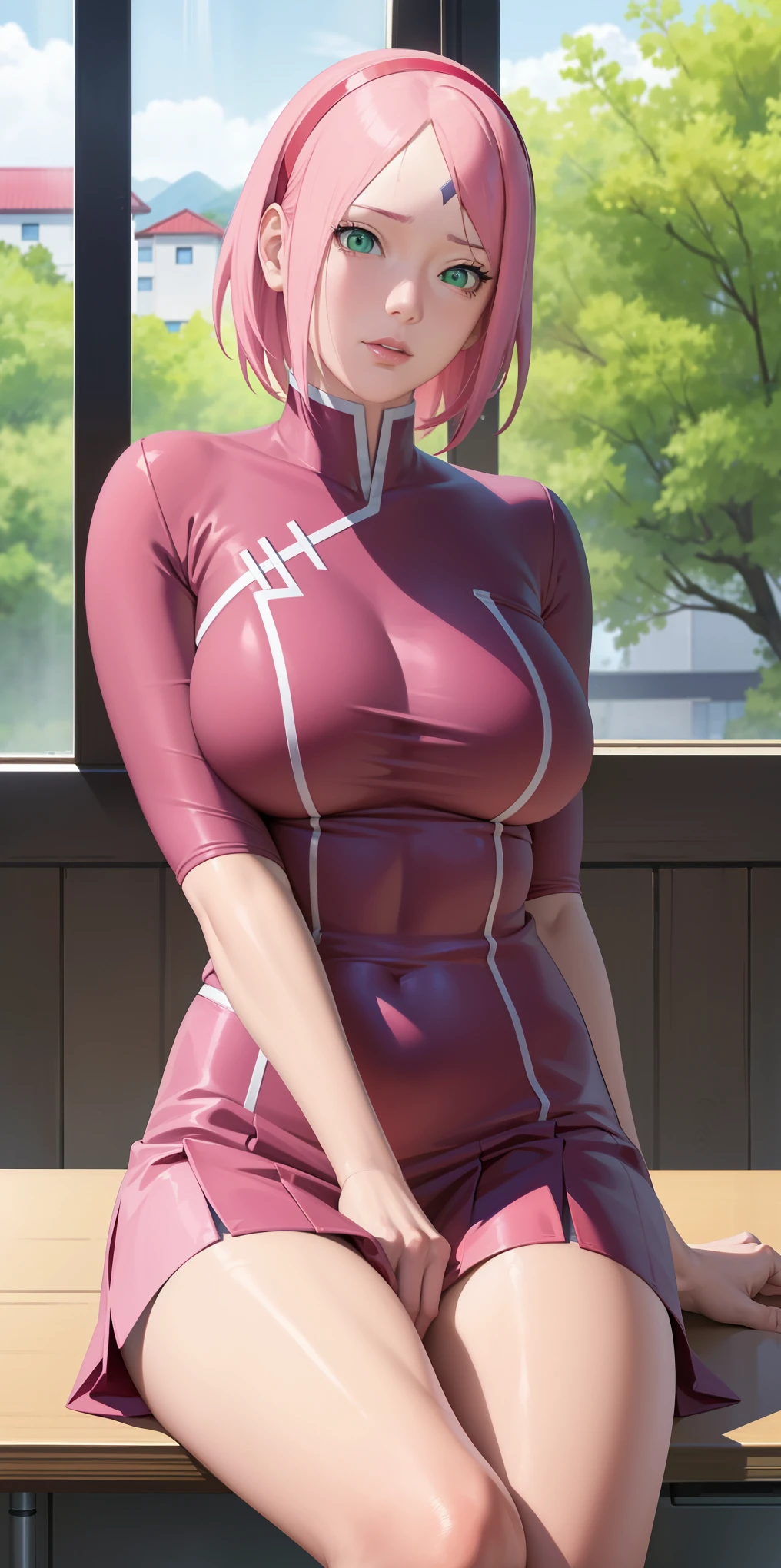 Masterpiece, stunning realistic, best quality,sakura haruno,sitting on a table in a school,hands on table,school uniform,closeup,only upperbody,front view ,pink hair,green eyes,forehead mark,big breasts,breasts fall out,green eyes,red hairband,forehead mark