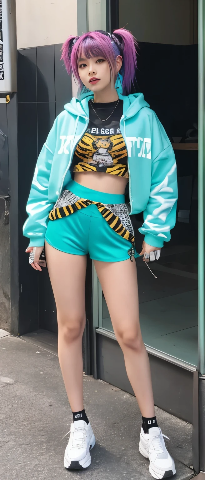 vivid punk idol、whole body、good style、、、、、tiger print tight shorts、、turquoise hair