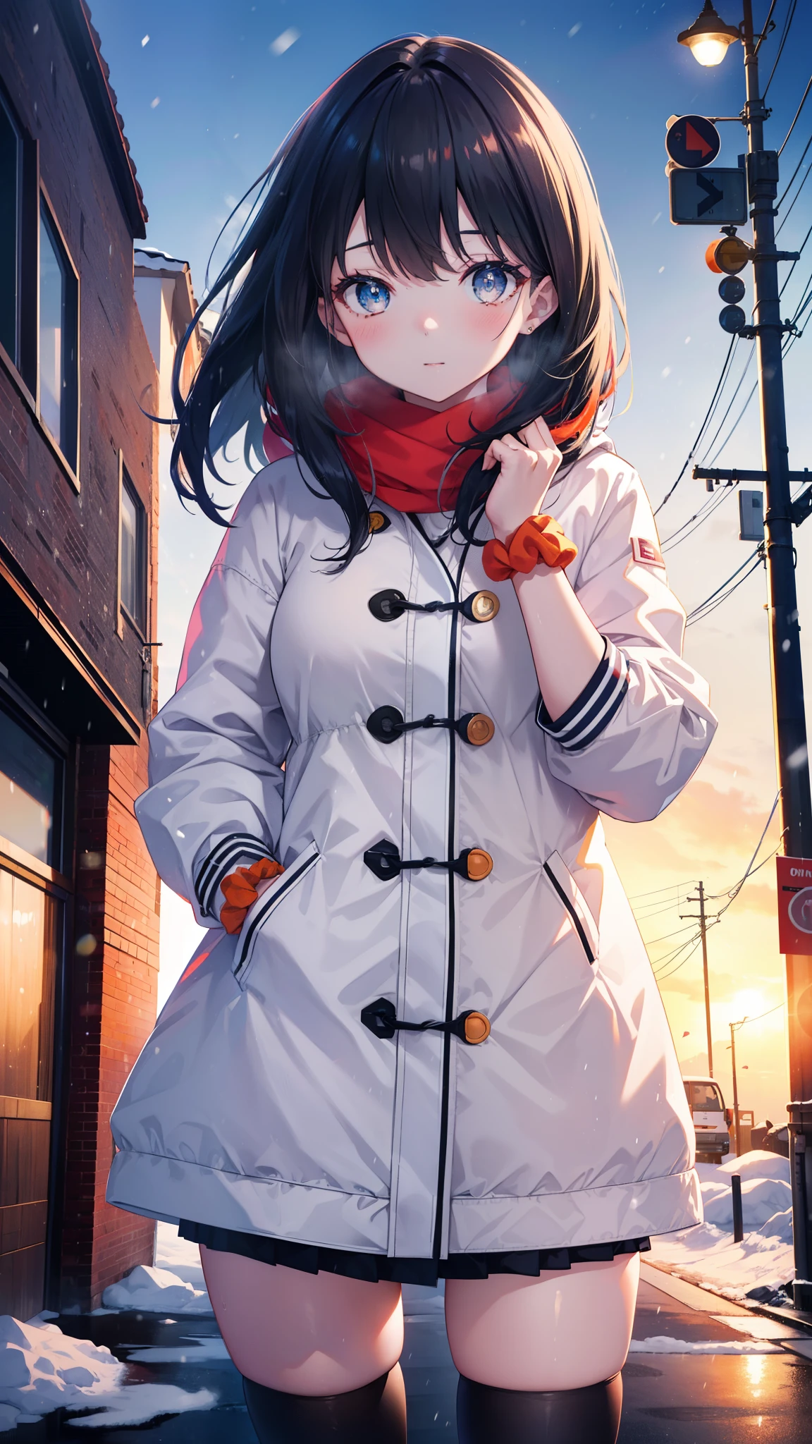 It's a good body, rikka takarada, black hair, blue eyes, long hair, orange Scrunchie, Scrunchie, wrist Scrunchie,smile,blush,heart shaped necklace,red muffler,white long coat,red sweater,black long skirt,red muffler,short boots,winter,cold sky,It's snowing,snow is falling,Hands in coat pockets,thighs,
break outdoors, In town,building street,
break looking at viewer, (cowboy shot:1.5),
break (masterpiece:1.2), highest quality, High resolution, unity 8k wallpaper, (figure:0.8), (detailed and beautiful eyes:1.6), highly detailed face, perfect lighting, Very detailed CG, (perfect hands, perfect anatomy),