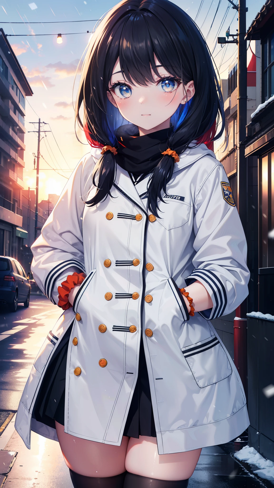 It&#39;s a good body, rikka takarada, black hair, blue eyes, long hair, orange Scrunchie, Scrunchie, wrist Scrunchie,smile,blush,heart shaped necklace,red muffler,white long coat,red sweater,black long skirt,red muffler,short boots,winter,cold sky,It&#39;s snowing,snow is falling,Hands in coat pockets,thighs,
break outdoors, In town,building street,
break looking at viewer, (cowboy shot:1.5),
break (masterpiece:1.2), highest quality, High resolution, unity 8k wallpaper, (figure:0.8), (detailed and beautiful eyes:1.6), highly detailed face, perfect lighting, Very detailed CG, (perfect hands, perfect anatomy),