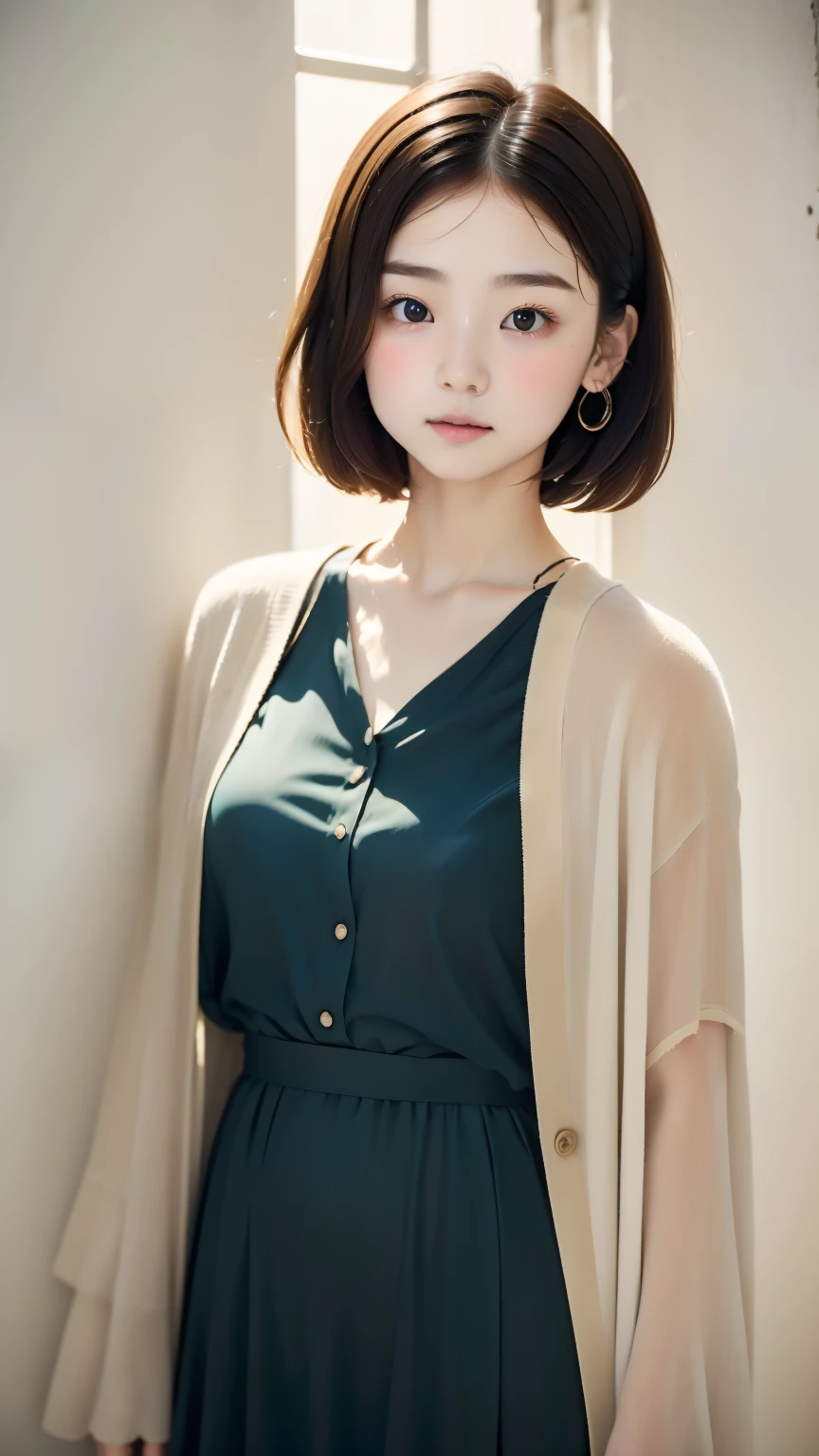 A woman standing in front of a white wall with a bouquet of flowers, with short hair, lofi girl, With ivy, wearing blue-green clothes, with flowers, low quality photos, with cloak, green clothes, photo shoot, enter smoothly _ With background, lofi girlのaesthetics, 🤤 girl portrait, beautiful!!, wears long flowing clothes, casual pose, aesthetics