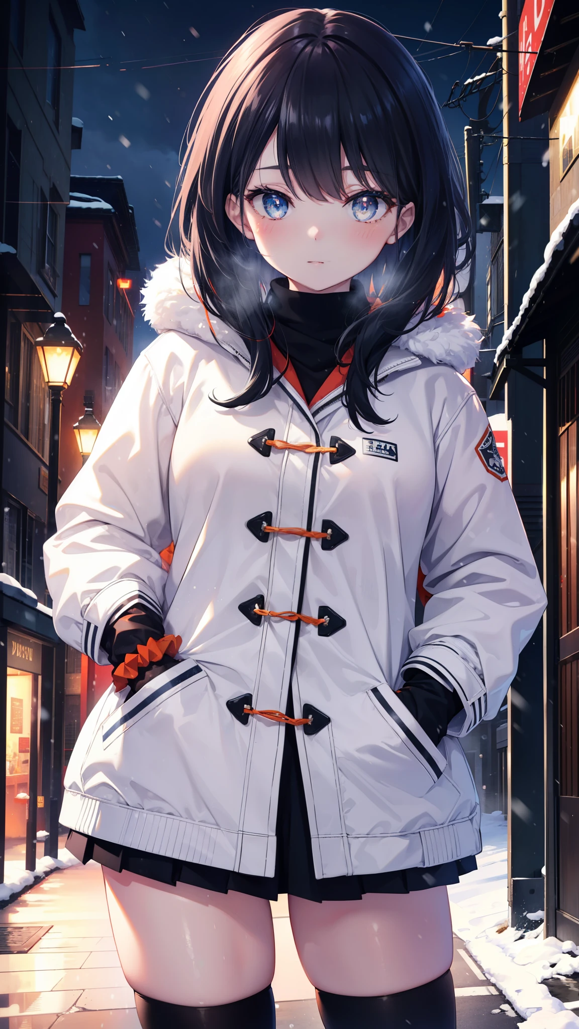 It&#39;s a good body, rikka takarada, black hair, blue eyes, long hair, orange Scrunchie, Scrunchie, wrist Scrunchie,smile,blush,heart shaped necklace,red muffler,white long coat,red sweater,black long skirt,red muffler,Knee-high boots,winter,cold sky,It&#39;s snowing,snow is falling,Hands in coat pockets,thighs,
break outdoors, In town,building street,
break looking at viewer, (cowboy shot:1.5),
break (masterpiece:1.2), highest quality, High resolution, unity 8k wallpaper, (figure:0.8), (detailed and beautiful eyes:1.6), highly detailed face, perfect lighting, Very detailed CG, (perfect hands, perfect anatomy),