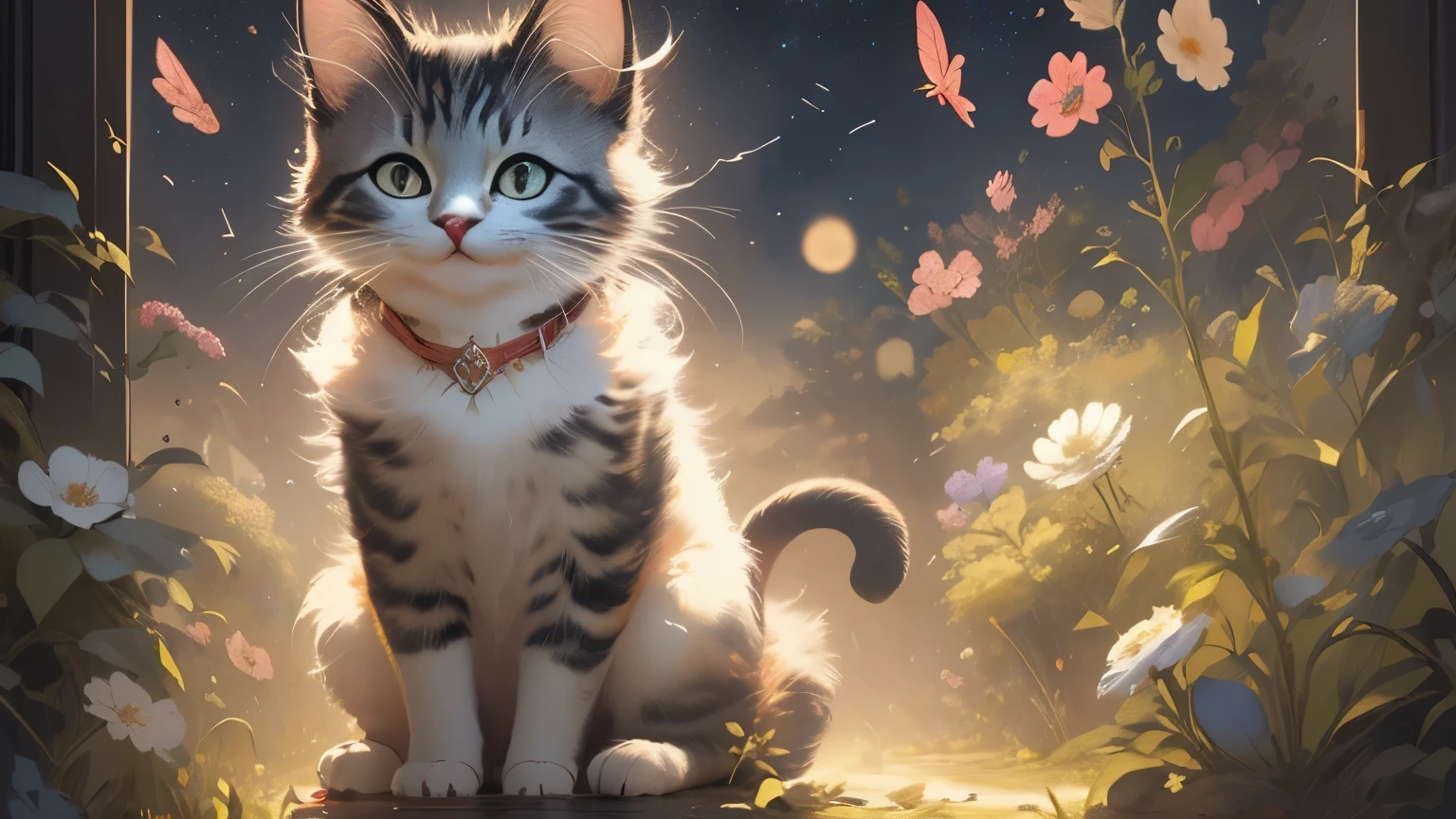 （masterpiece、Super delicate、high resolution），（romantic、Innocent、𝓡𝓸𝓶𝓪𝓷𝓽𝓲𝓬、adventure、Bold、Travel Elements），(Smile),背景flower田，kitten，flower，night，meteor shower，Only fields，kitten，flower，meteor shower