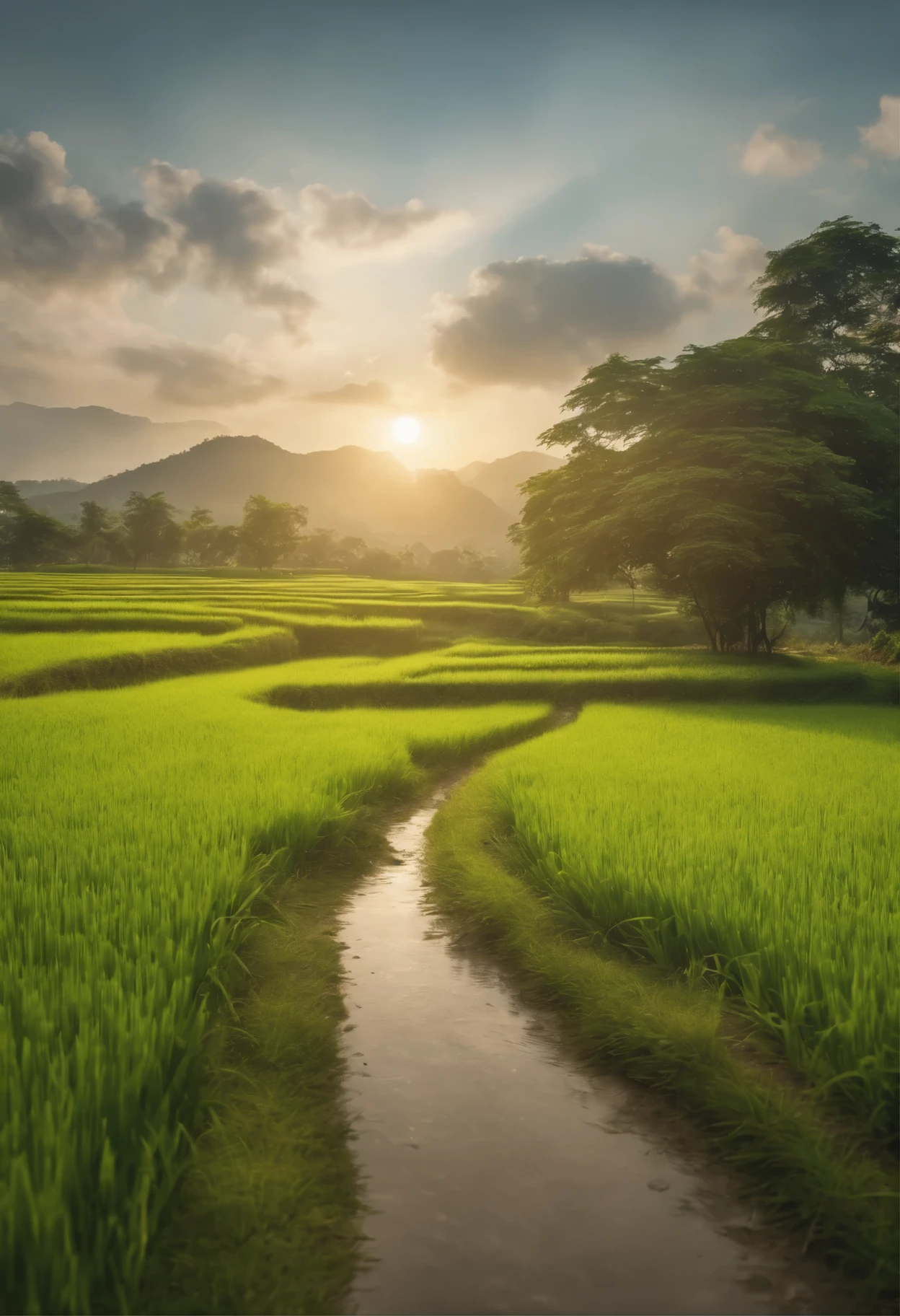 A lush green rice field bathed in sunlight, a serene countryside with a small path meandering through the fields (best quality,4k,8k,highres,masterpiece:1.2),ultra-detailed,(realistic,photorealistic,photo-realistic:1.37),HDR,UHD,studio lighting,extreme detail description,professional,landscape,vivid colors,sharp focus,physically-based rendering,bokeh