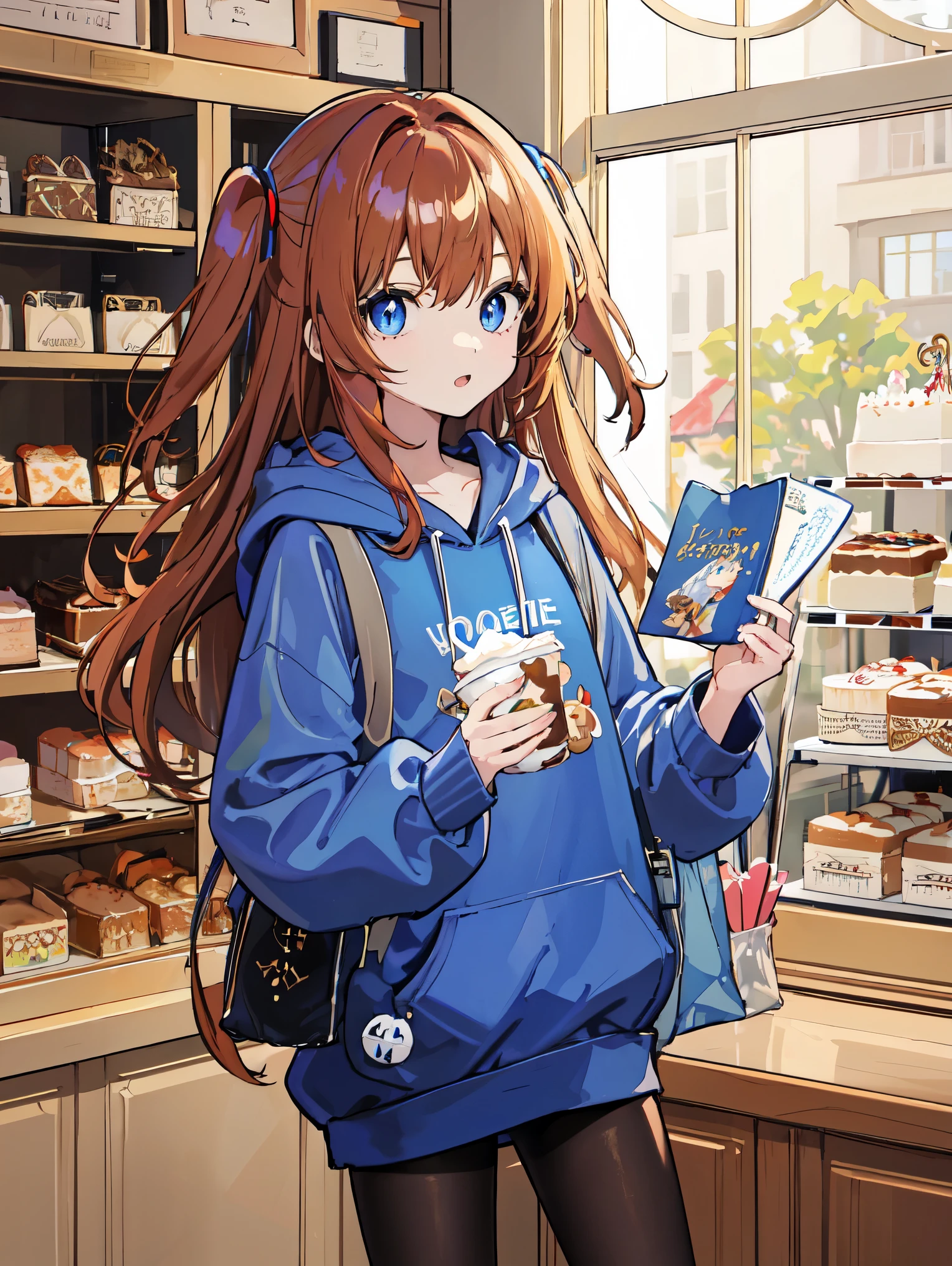 masterpiece、High quality、detailed、cute girl、bright chestnut long hair、two side up hair、blue eyes、blue long hoodie、black pantyhose、loafers、university student、tote bag、、narrow shoulders、Inside the cake shop、Staring with sparkling eyes at the showcase where cakes are displayed.、I&#39;m excited、anime art