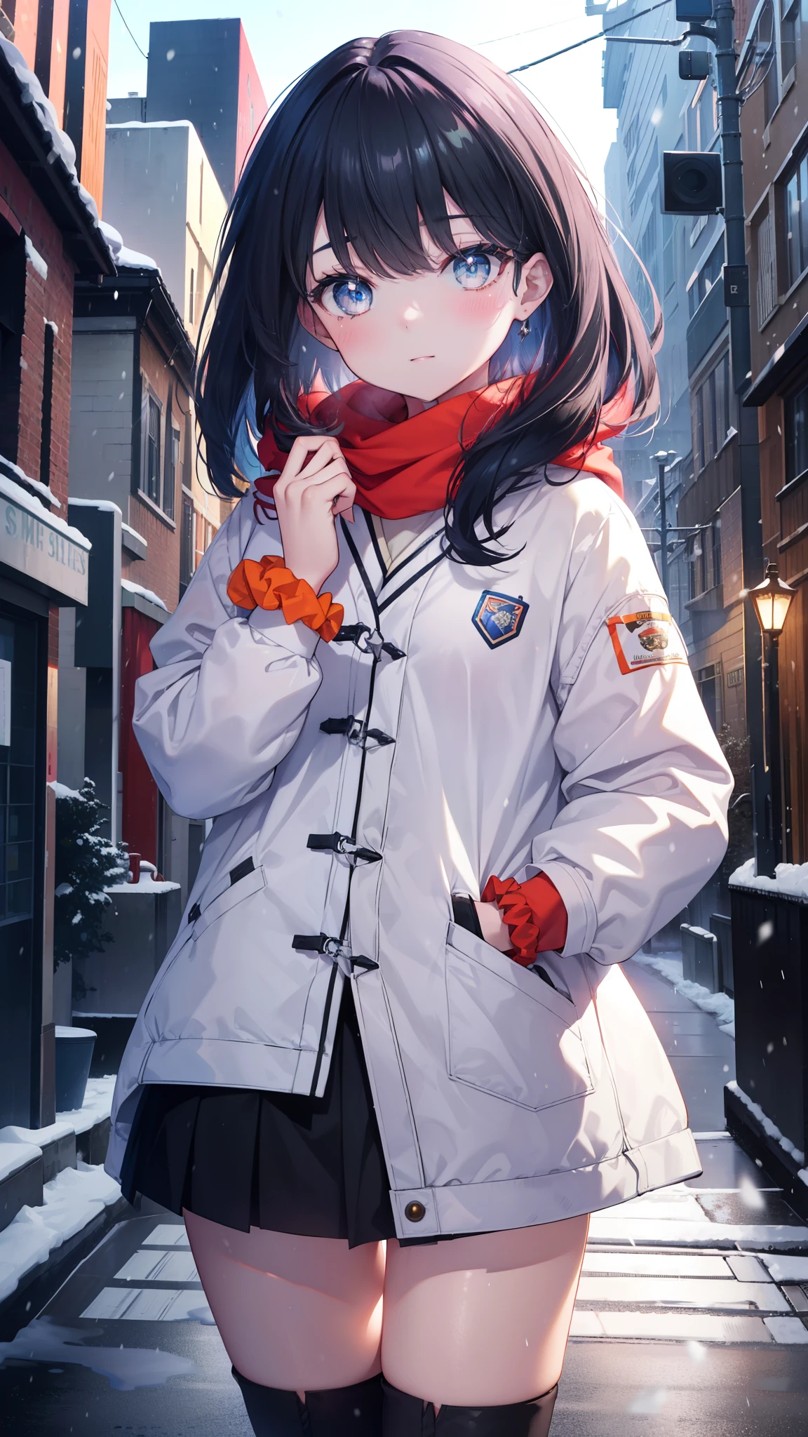 It&#39;s a good body, rikka takarada, black hair, blue eyes, long hair, orange Scrunchie, Scrunchie, wrist Scrunchie,smile,blush,heart shaped necklace,red muffler,white long coat,red sweater,black long skirt,red muffler,Knee-high boots,winter,cold sky,It&#39;s snowing,snow is falling,Hands in coat pockets,thighs,
break outdoors, In town,building street,
break looking at viewer, (cowboy shot:1.5),
break (masterpiece:1.2), highest quality, High resolution, unity 8k wallpaper, (figure:0.8), (detailed and beautiful eyes:1.6), highly detailed face, perfect lighting, Very detailed CG, (perfect hands, perfect anatomy),