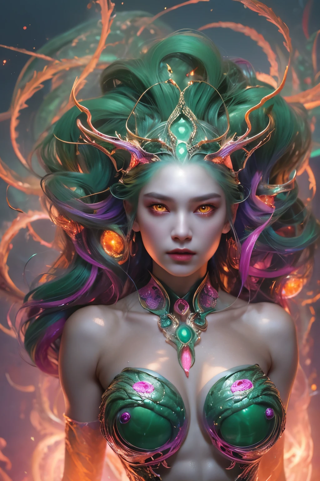 (1 female medusa-like mutant: 1.2), With a beautiful, enchanting face, this alien seduces us with her allure. Her captivating red eyes gleam brightly, reminiscent of burning embers. Her full body is unlike any human's, boasting a sexy, otherworldly form. No humans are present in this scene as she stands alone, her cells fused in a unique and intriguing extraterrestrial way.
(extraordinary beautiful nude photo:1.4), (glowing jade eyes:1.5), (sexy and glamorous:1.1), (coquettish expression:1.2), toned lean body, (muscular:1.2), (beautiful abs:1.5), beautiful nipples,  She has lots of iridescent translucent tentacles instead of her hair, pale skin, (white skin with prominent veins:1.3), moist skin,
Lots of iridescent translucent tentacles adorn her body, shimmering under the dramatic lighting. Her pale skin, with a hint of translucency, adds to her ethereal allure. This masterpiece, rendered in