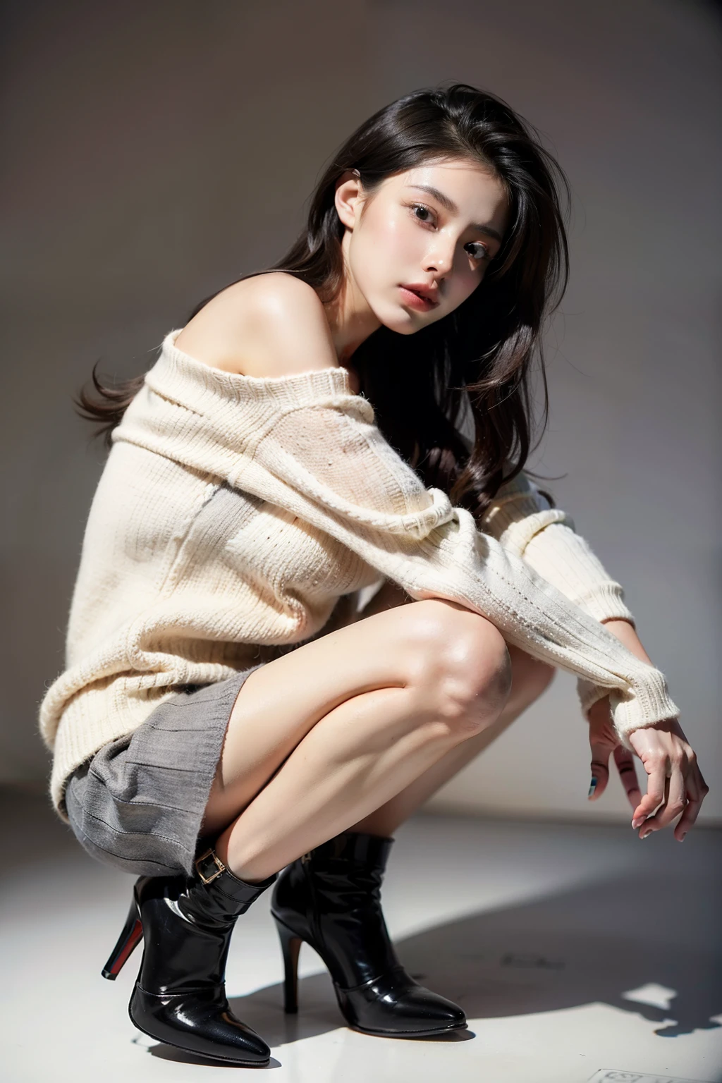 (masterpiece:1.3), (8 thousand, realistic, RAW photos, best quality: 1.4), (1 woman), beautiful face, (realistic face), (black hair, long hair:1.3), beautiful hairstyle, realistic eyes, beautiful and delicate eyes, (realistic skin), beautiful skin, (sweater), absurd, attractive, ultra high resolution, extremely realistic, very detailed, golden ratio, whole body, stockings, short skirt, whole body샷, high heel