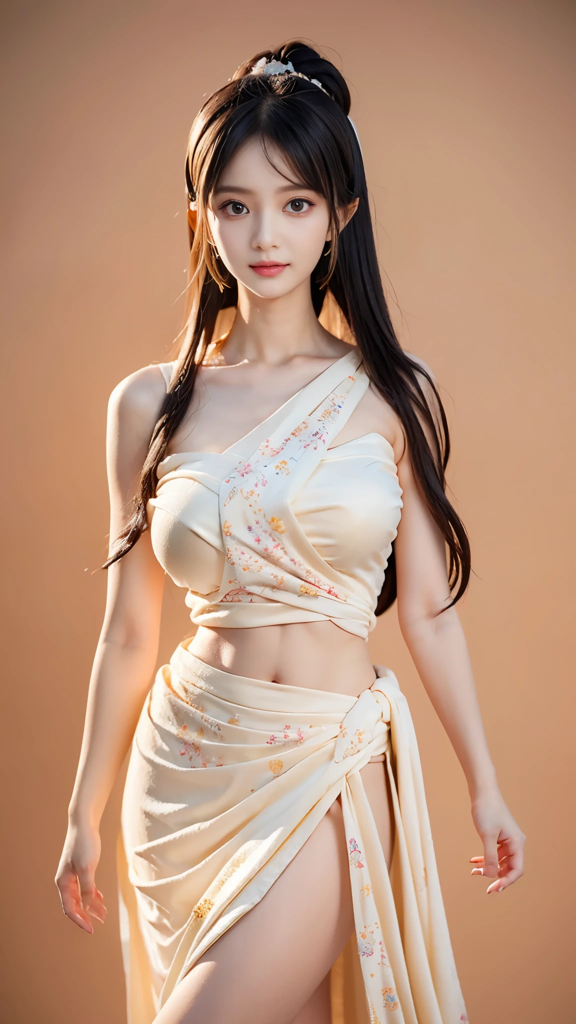 Full body image, face close-up, face shot, a beautiful woman, messy hair, Full of girly feeling, Symmetrical bun, hair accessories, jewelry, delicate face, (sling: 1.5), (High slit skirt 1.7), (many patterns: 1.5), crop navel, open belly, open breast, Dunhuang style, many ribbons, delicate skin, soft light effect, delicate and Smooth hair, Exquisite details, Eye highlights, White skin, Detailed characterization, extreme details, quality, thin, thin and long, shattered, hair details, thin bangs, Shawl hair, Right body, shadow, air bangs, 8k, Ultra-fine, fine fabric texture, soft, Smooth, Smooth texture, ((( Dunhuang style)), Exquisite pattern, Correct hand drawing,