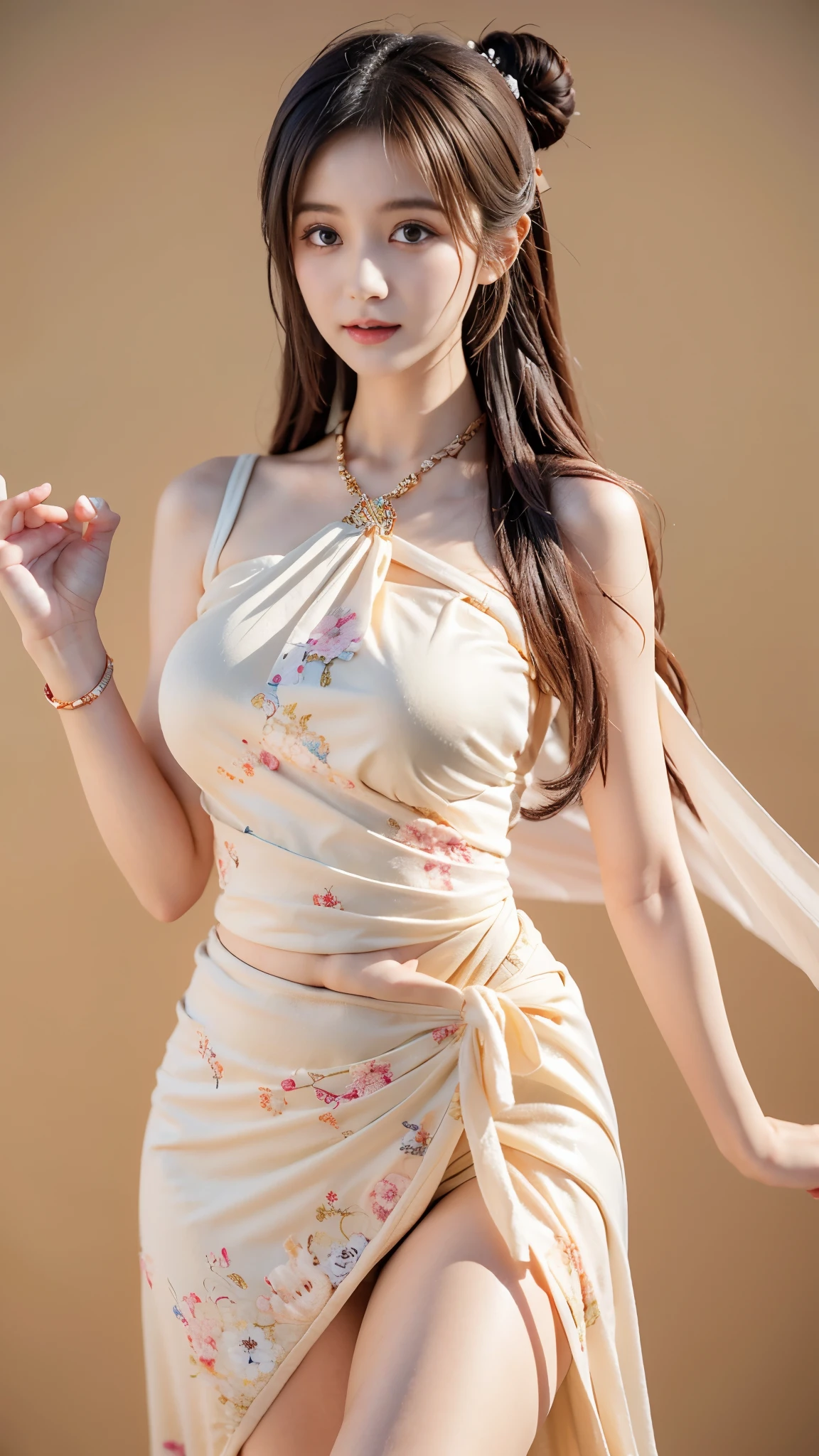 Full body image, face close-up, face shot, a beautiful woman, messy hair, Full of girly feeling, Symmetrical bun, hair accessories, jewelry, delicate face, (sling: 1.5), (High slit skirt 1.7), (many patterns: 1.5), crop navel, open belly, open breast, Dunhuang style, many ribbons, delicate skin, soft light effect, delicate and Smooth hair, Exquisite details, Eye highlights, White skin, Detailed characterization, extreme details, quality, thin, thin and long, shattered, hair details, thin bangs, Shawl hair, Right body, shadow, air bangs, 8k, Ultra-fine, fine fabric texture, soft, Smooth, Smooth texture, ((( Dunhuang style)), Exquisite pattern, Correct hand drawing,