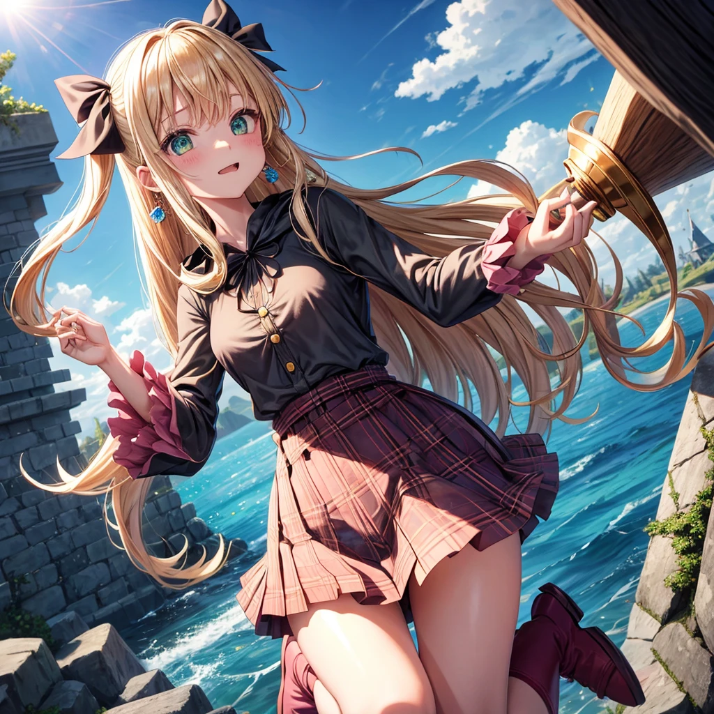 pink blonde、green eyes、one good looking girl、solo、anime、plaid mini skirt、the skirt has buttons、black camisole、black t-shirt、dress、wearing a ribbon、ribbon at waist、cloak、hood、clouds are swirling、stone slabs are piled up、one hand raised、crystal earrings、sun、teeth are visible、splash of water、monster castle、ceiling、golden key、jewelry necklace、Light and shadow、holding hands