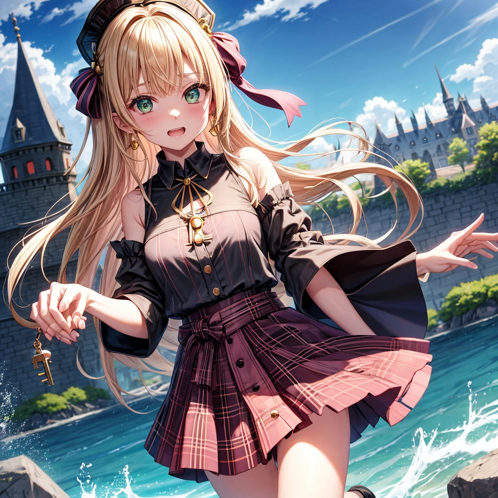 pink blonde、green eyes、one good looking girl、solo、anime、plaid mini skirt、the skirt has buttons、black camisole、black t-shirt、dress、wearing a ribbon、ribbon at waist、cloak、hood、clouds are swirling、stone slabs are piled up、one hand raised、crystal earrings、sun、teeth are visible、splash of water、monster castle、ceiling、golden key、jewelry necklace、Light and shadow、holding hands
