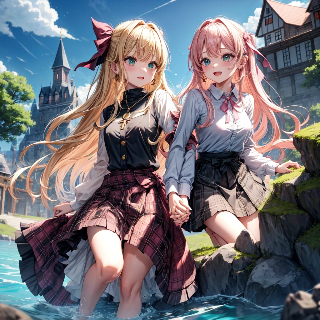 pink blonde、green eyes、one good looking girl、solo、anime、plaid mini skirt、the skirt has buttons、black camisole、black t-shirt、dress、wearing a ribbon、ribbon at waist、cloak、hood、clouds are swirling、stone slabs are piled up、one hand raised、crystal earrings、sun、teeth are visible、splash of water、monster castle、ceiling、golden key、jewelry necklace、Light and shadow、holding hands
