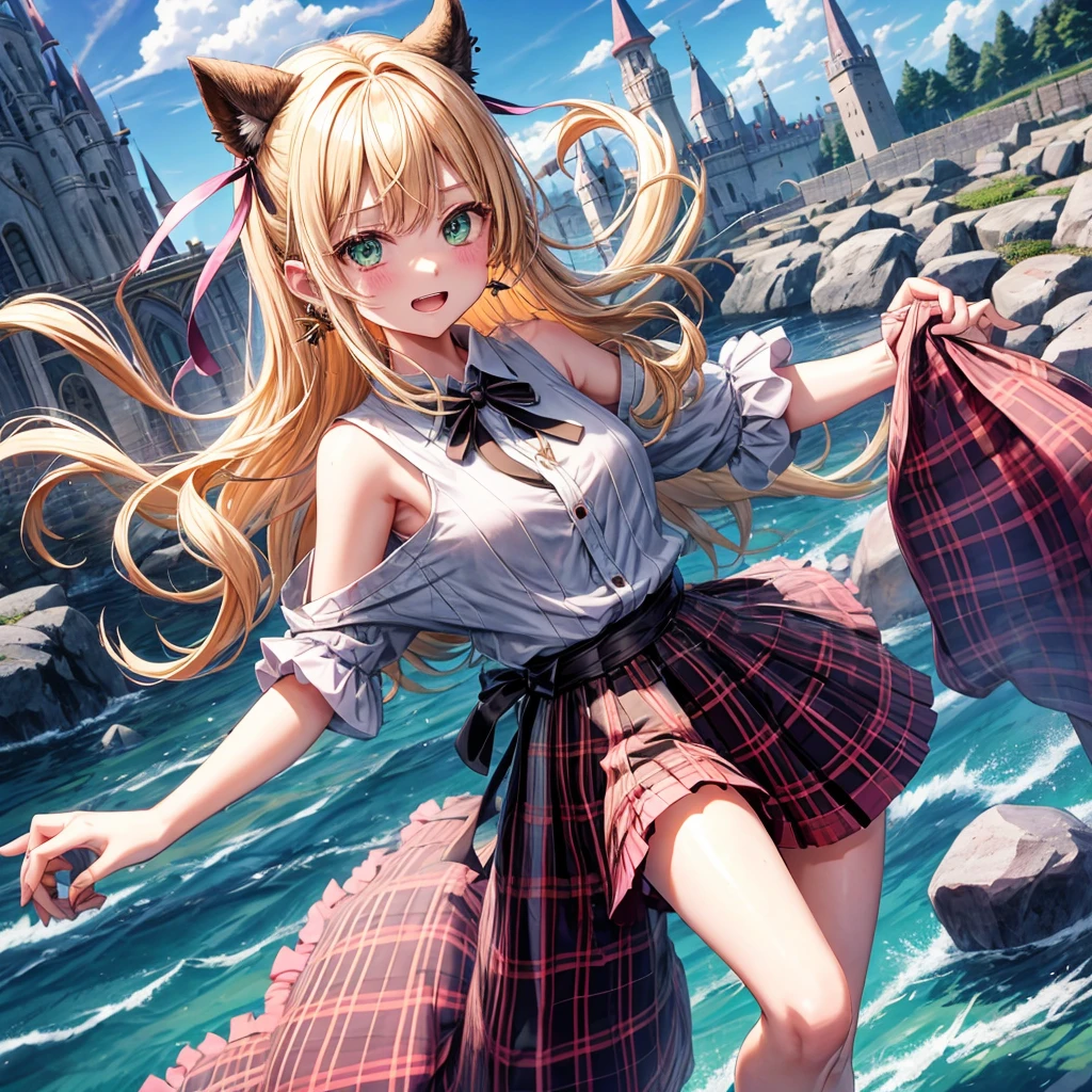 pink blonde、green eyes、one good looking girl、solo、anime、plaid mini skirt、the skirt has buttons、black camisole、black t-shirt、dress、wearing a ribbon、ribbon at waist、cloak、hood、clouds are swirling、stone slabs are piled up、one hand raised、crystal earrings、sun、teeth are visible、splash of water、monster castle、ceiling、golden key、jewelry necklace、Light and shadow、holding hands

