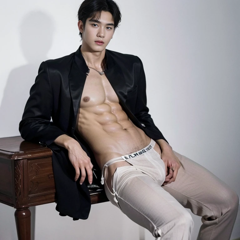 masterpiece, top quality, intricate detail, magazine front page, Korean men's sex magazine, Magazine's Title with black color font, a young handsome boy with string thong, tall muscle, ((abs)), Kpop idol, looking at camera, beautiful face, white background, fashion model, Kpop boy's group member