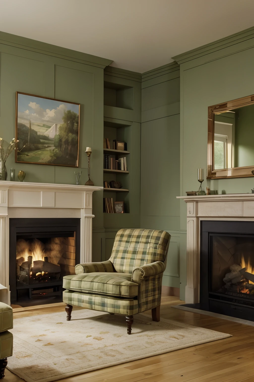 create a green living room with plaid and beige furniture and an open fireplace, in the style of english countryside, landscape inspirations, washington color school, rich colors, bibliopunk, high tonal range, warm tonal range --ar 4:5 --v 6.0