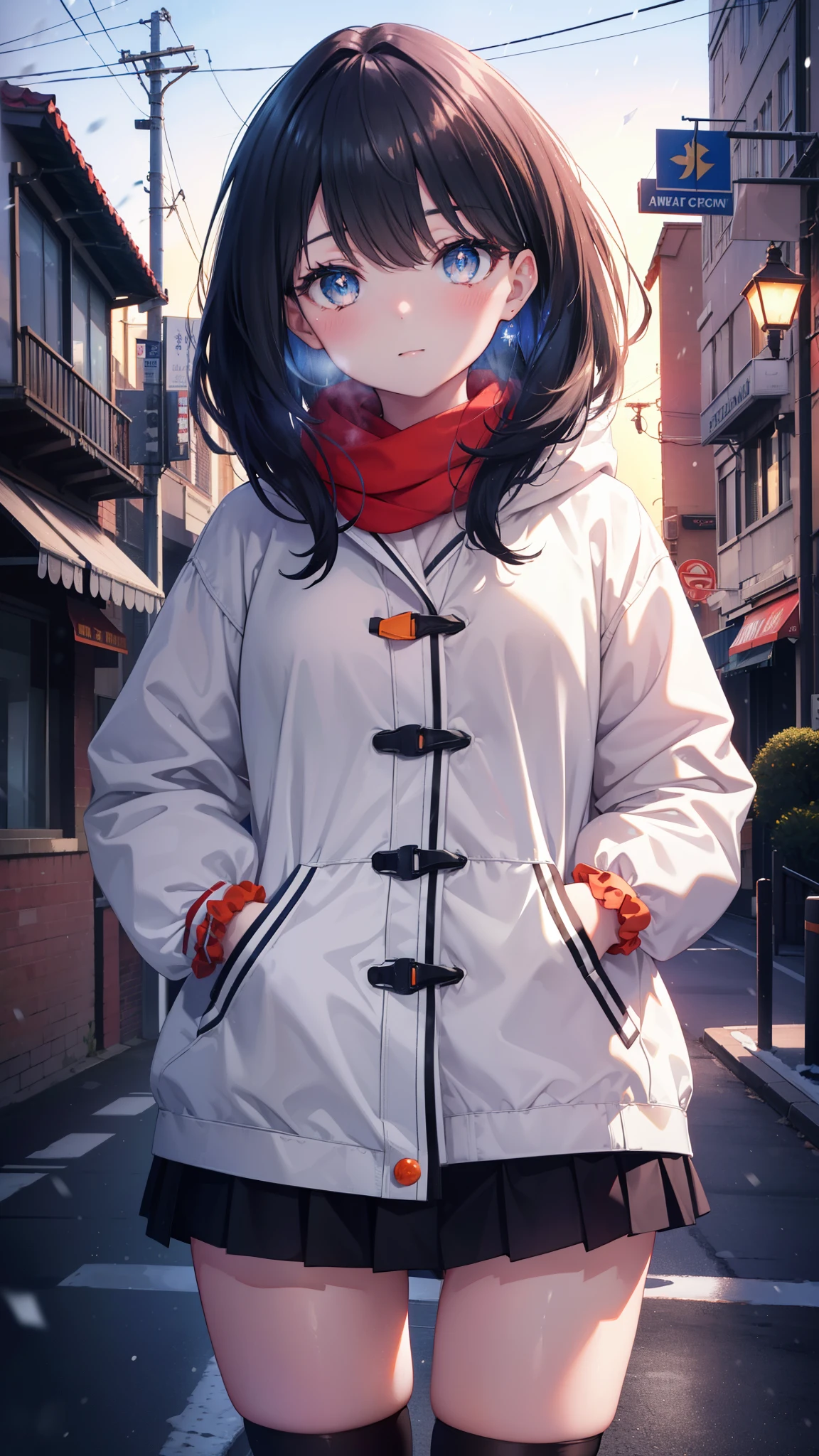 It's a good body, rikka takarada, black hair, blue eyes, long hair, orange Scrunchie, Scrunchie, wrist Scrunchie,smile,blush,heart shaped necklace,red muffler,white long coat,red sweater,black long skirt,red muffler,Knee-high boots,winter,cold sky,It's snowing,snow is falling,Hands in coat pockets,thighs,
break outdoors, In town,building street,
break looking at viewer, (cowboy shot:1.5),
break (masterpiece:1.2), highest quality, High resolution, unity 8k wallpaper, (figure:0.8), (detailed and beautiful eyes:1.6), highly detailed face, perfect lighting, Very detailed CG, (perfect hands, perfect anatomy),