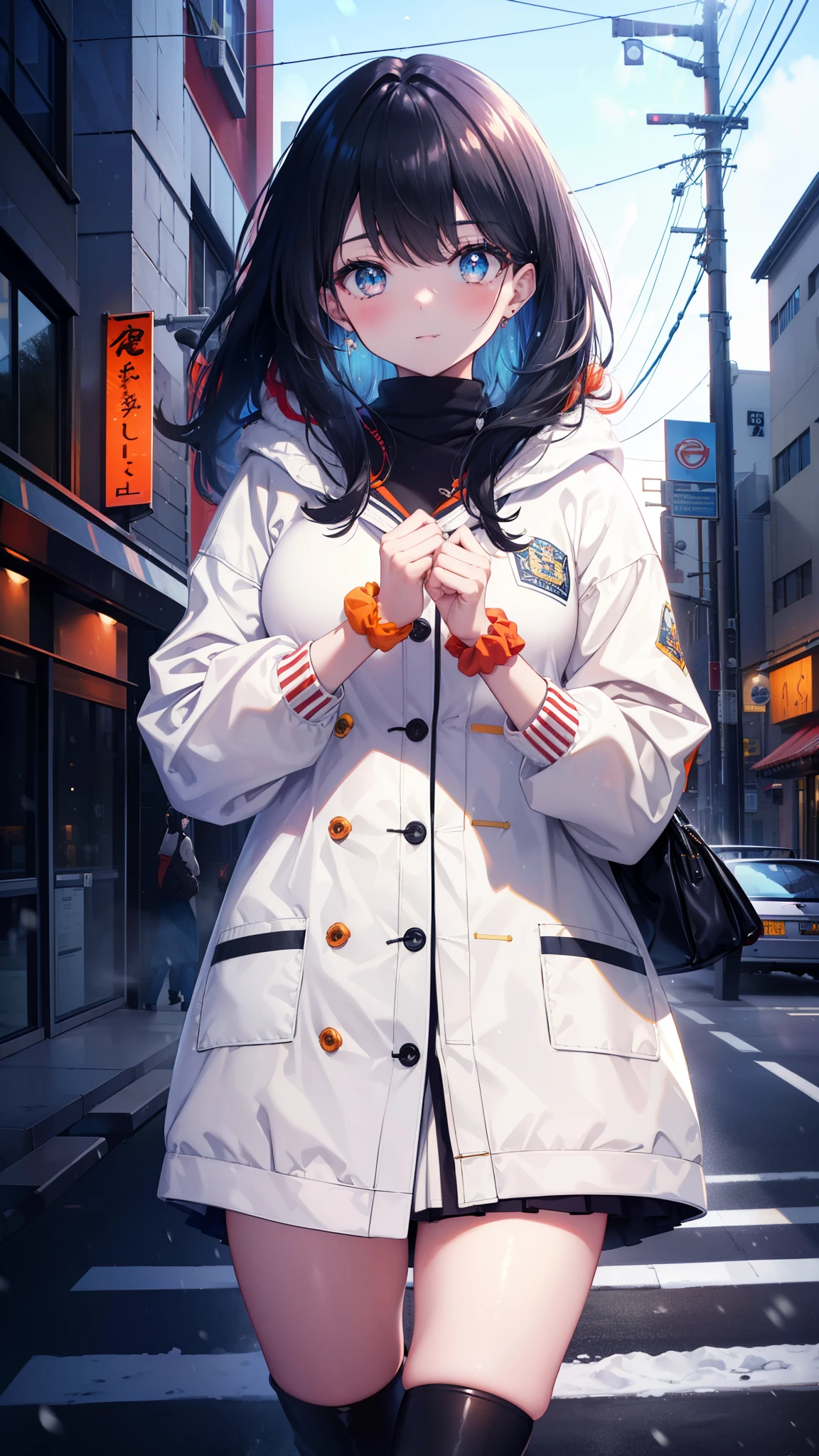 It&#39;s a good body, rikka takarada, black hair, blue eyes, long hair, orange Scrunchie, Scrunchie, wrist Scrunchie,smile,blush,heart shaped necklace,red muffler,white long coat,red sweater,black long skirt,red muffler,Knee-high boots,winter,cold sky,It&#39;s snowing,snow is falling,Hands in coat pockets,thighs,
break outdoors, In town,building street,
break looking at viewer, (cowboy shot:1.5),
break (masterpiece:1.2), highest quality, High resolution, unity 8k wallpaper, (figure:0.8), (detailed and beautiful eyes:1.6), highly detailed face, perfect lighting, Very detailed CG, (perfect hands, perfect anatomy),