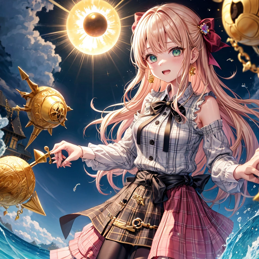 pink blonde、green eyes、one good looking girl、solo、anime、plaid mini skirt、the skirt has buttons、black camisole、black t-shirt、dress、wearing a ribbon、ribbon at waist、cloak、hood、clouds are swirling、stone slabs are piled up、one hand raised、crystal earrings、sun、teeth are visible、splash of water、monster castle、ceiling、golden key、jewelry necklace、Light and shadow、holding hands
