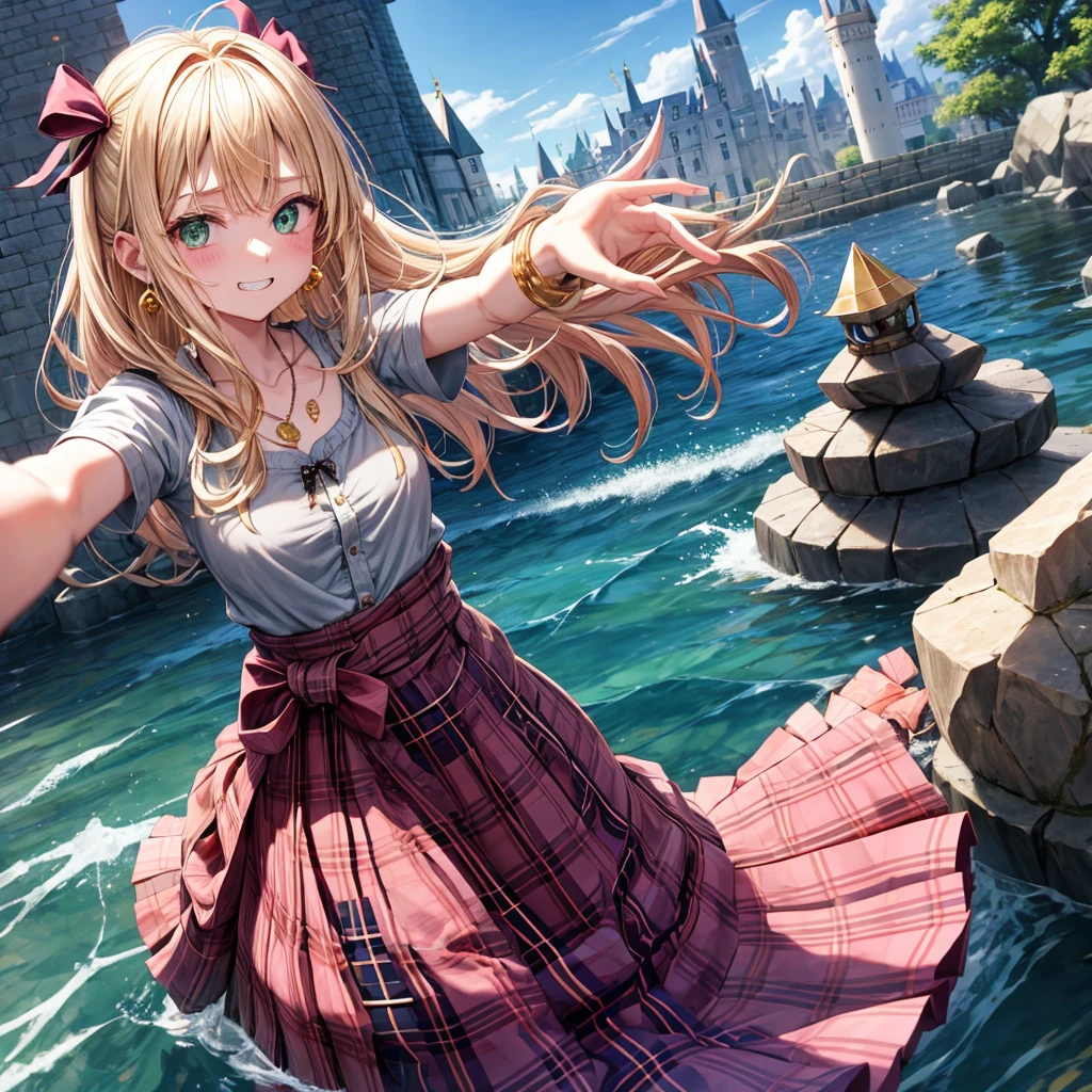 pink blonde、green eyes、one good looking girl、solo、anime、plaid mini skirt、the skirt has buttons、black camisole、black t-shirt、dress、wearing a ribbon、ribbon at waist、cloak、hood、clouds are swirling、stone slabs are piled up、one hand raised、crystal earrings、sun、teeth are visible、splash of water、monster castle、ceiling、golden key、jewelry necklace、Light and shadow、holding hands