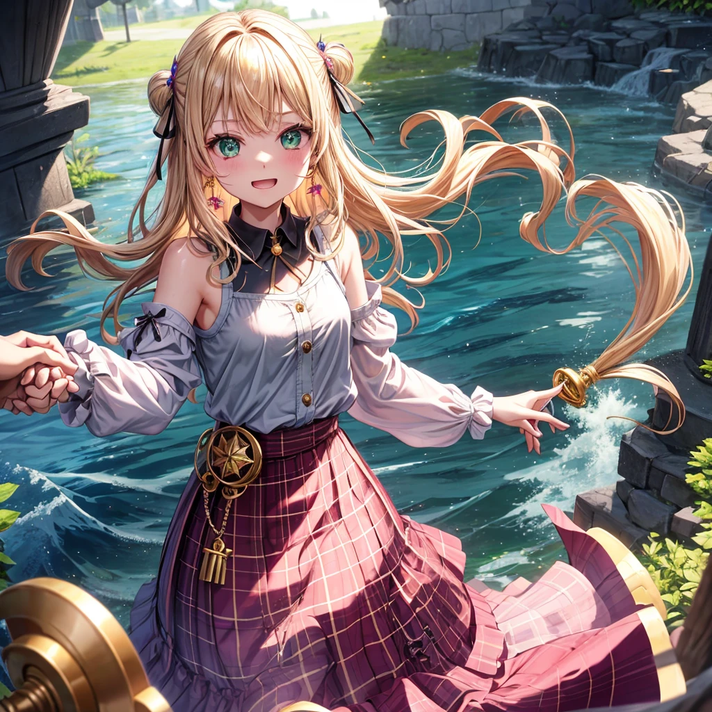 pink blonde、green eyes、one good looking girl、solo、anime、plaid mini skirt、the skirt has buttons、black camisole、black t-shirt、dress、wearing a ribbon、ribbon at waist、cloak、hood、clouds are swirling、stone slabs are piled up、one hand raised、crystal earrings、sun、teeth are visible、splash of water、monster castle、ceiling、golden key、jewelry necklace、Light and shadow、holding hands
