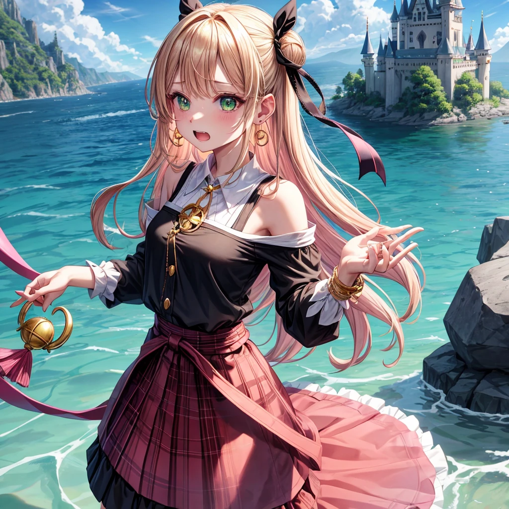 pink blonde、green eyes、one good looking girl、solo、anime、plaid mini skirt、the skirt has buttons、black camisole、black t-shirt、dress、wearing a ribbon、ribbon at waist、cloak、hood、clouds are swirling、stone slabs are piled up、one hand raised、crystal earrings、sun、teeth are visible、splash of water、monster castle、ceiling、golden key、jewelry necklace、Light and shadow、holding hands
