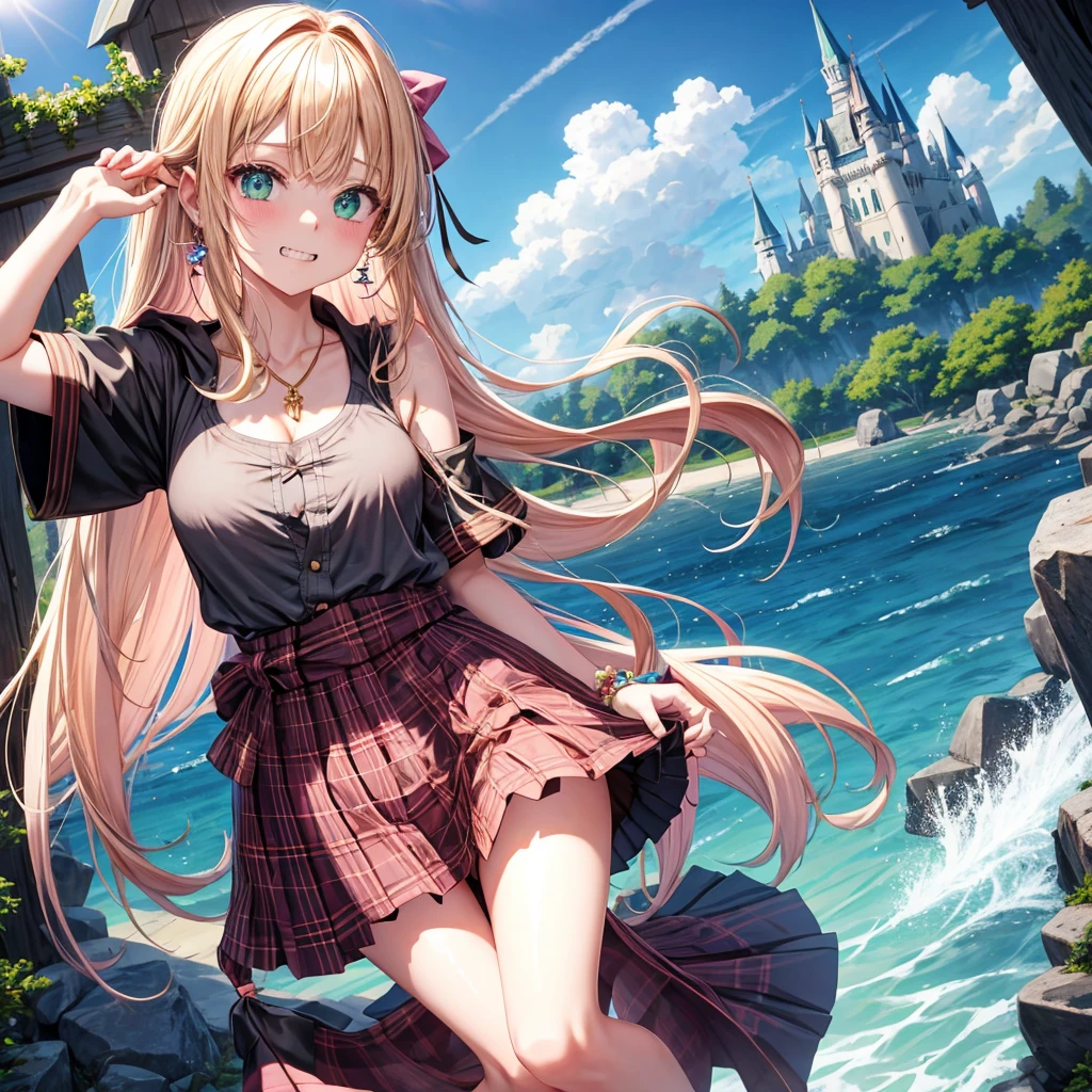 pink blonde、green eyes、one good looking girl、solo、anime、plaid mini skirt、the skirt has buttons、black camisole、black t-shirt、dress、wearing a ribbon、ribbon at waist、cloak、hood、clouds are swirling、stone slabs are piled up、one hand raised、crystal earrings、sun、teeth are visible、splash of water、monster castle、ceiling、golden key、jewelry necklace、Light and shadow、holding hands
