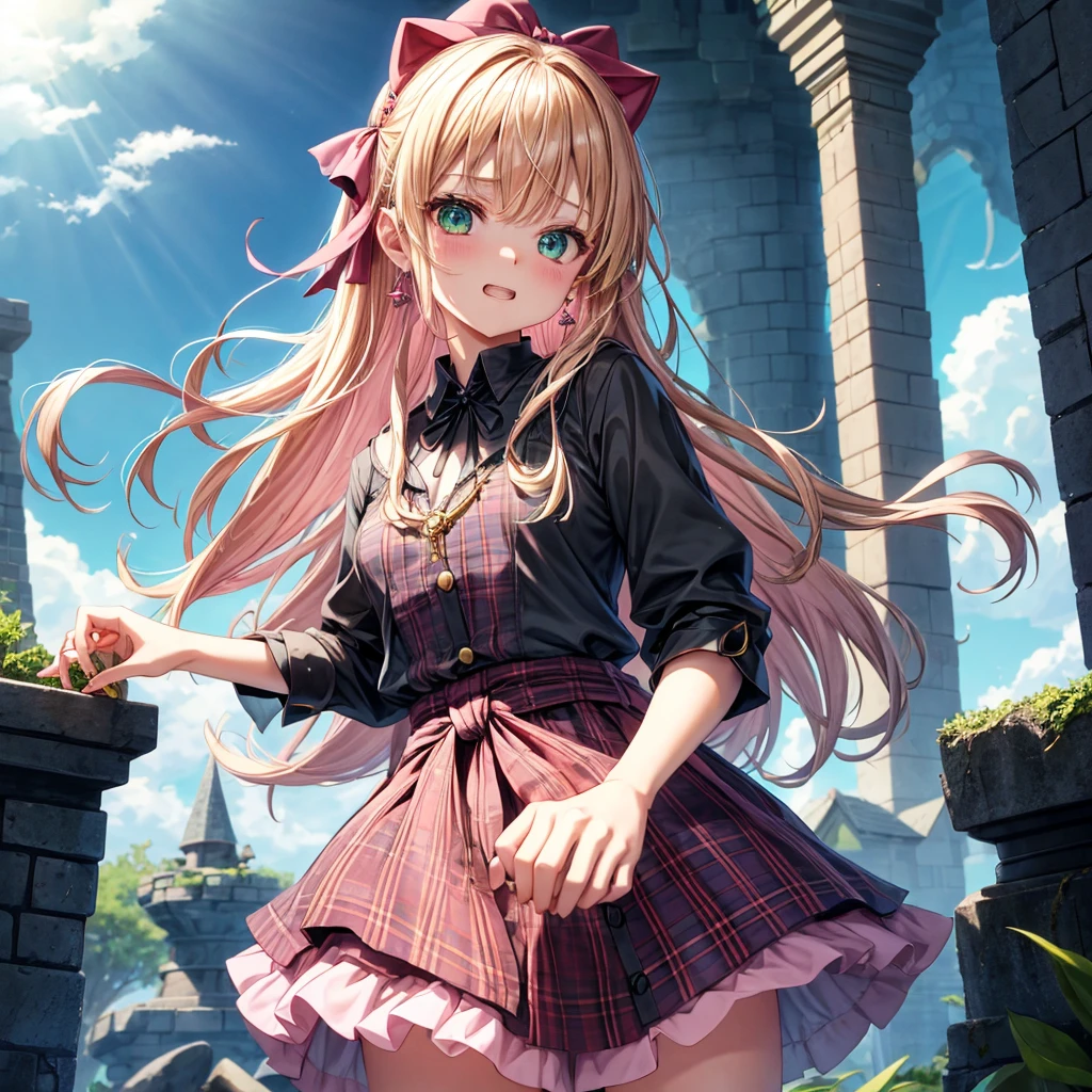 pink blonde、green eyes、one good looking girl、solo、anime、plaid mini skirt、the skirt has buttons、black camisole、black t-shirt、dress、wearing a ribbon、ribbon at waist、cloak、hood、clouds are swirling、stone slabs are piled up、one hand raised、crystal earrings、sun、teeth are visible、splash of water、monster castle、ceiling、golden key、jewelry necklace、Light and shadow、holding hands