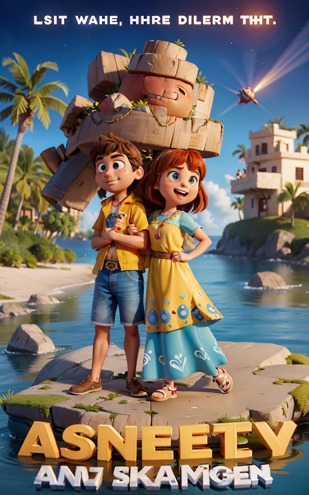 a movie poster by disney pixar,friendship of them it's about the movie, New friend met boy and a girl with visible prominent text in full view that spells "JOSH AND WUMMY", Epstein character smiling on a island as a young women stand around him with a distraught confused expression, 32k UHD, realistic render, Unreal Engine, lifelike,