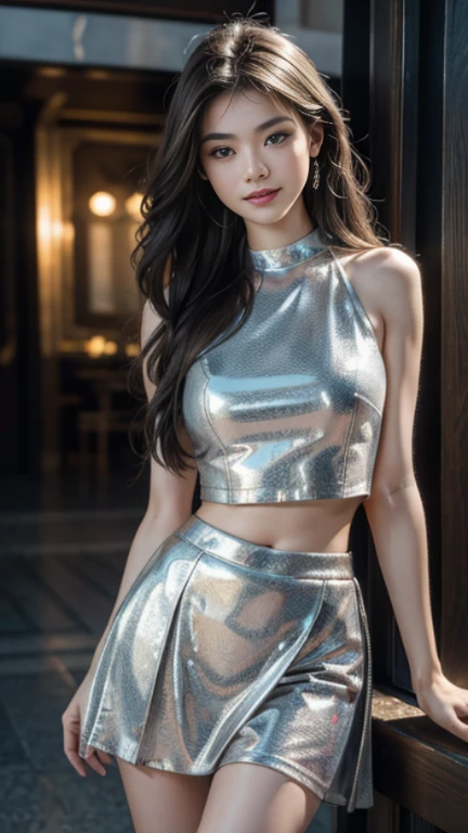 (RAW photo, best quality, masterpiece, ultra-detailed, high res), (realistic),(extremely delicate and beautiful:1), mesmerizing picture of beautiful smiling girl in her late 20s with long hair ,  , silver crop top and glossy skater skirt , she is a model posing for pictures ,  highly detailed, extremely high-resolution details, photographic, realism pushed to extreme, fine texture, 8k, ultra-detailed, high quality, high contrast 
