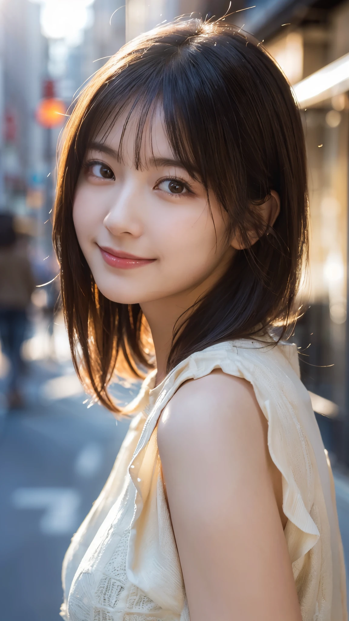 (highest quality,masterpiece:1.3,ultra high resolution),(Super detailed,caustics,8k),(photorealistic:1.4,RAW shooting),1 girl,(look at the camera with a smile),(front shot),(face forward),20-year-old,cute,Japanese,black hair half up,long sleeve blouse,big ,bust up shot,street,(face focus),(face close up),sunshine,Natural light,(Backlight),(A bright light shines from behind),(Lens flare),professional writing,(low position:1.1),(Low - Angle:1.1)