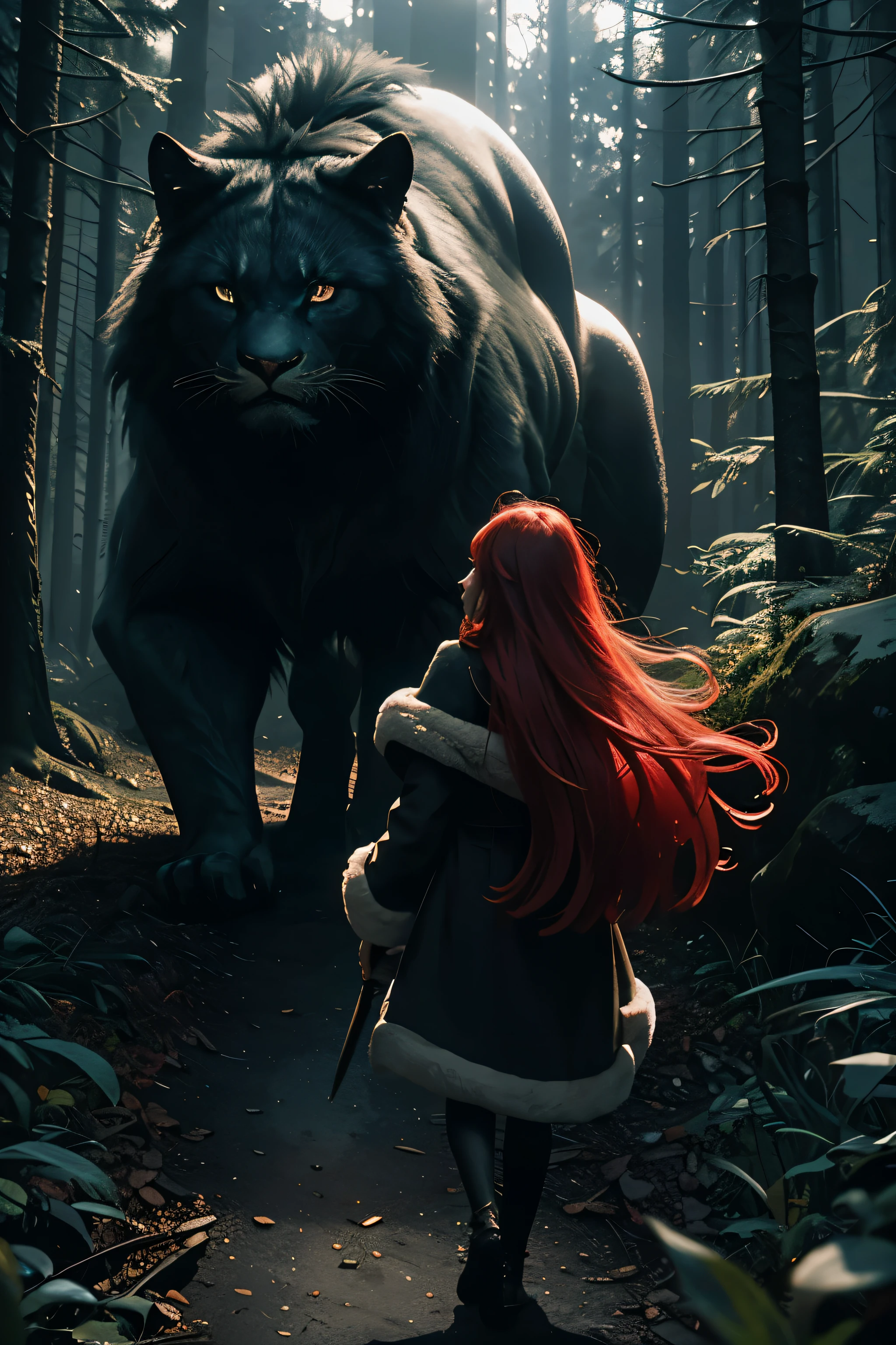 (glowing atmosphere, charming light, Luminous lighting, ethereal atmosphere, charming light, evocative shades, charming colors, dramatic lighting, Charming aura), 1 girl, Red hair, fluffy long hair, (from behind:1.5), beautiful leg, tall girl, skinny, Slim_leg, sitting, In the vast, A vast world filled with towering spiers and shimmering magic, A beautiful young woman stands on the edge of a dark forest. 当she凝视黑暗的荒野时,she的眼睛闪烁着恐惧和好奇. abrupt, A huge roar echoed through the woods, she turned around and saw a huge, Huge beast emerges from the shadows. Its fur is knotted and tangled, Its eyes sparkle with fierce intelligence. The woman was terrified for a moment, 但随后she深吸了一口气,A shining sword is drawn from its scabbard. she的眼神里充满了坚强的决心, she'Get ready to fight the beast. Photo by Roger Deakins, Using a RED Monstro 8K camera and a range of high-end lenses, Lighting is a combination of lighting and practical effects, Create a sense of awe and majesty,