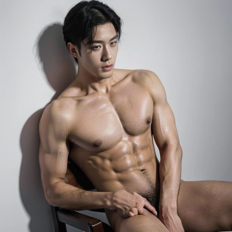 masterpiece, top quality, intricate detail, magazine front page, Korean men's sex magazine, Magazine's Title with black color font, a young handsome boy , tall muscle, ((abs)), Kpop idol, looking at camera, beautiful face, white background, sexual model , nude , naked