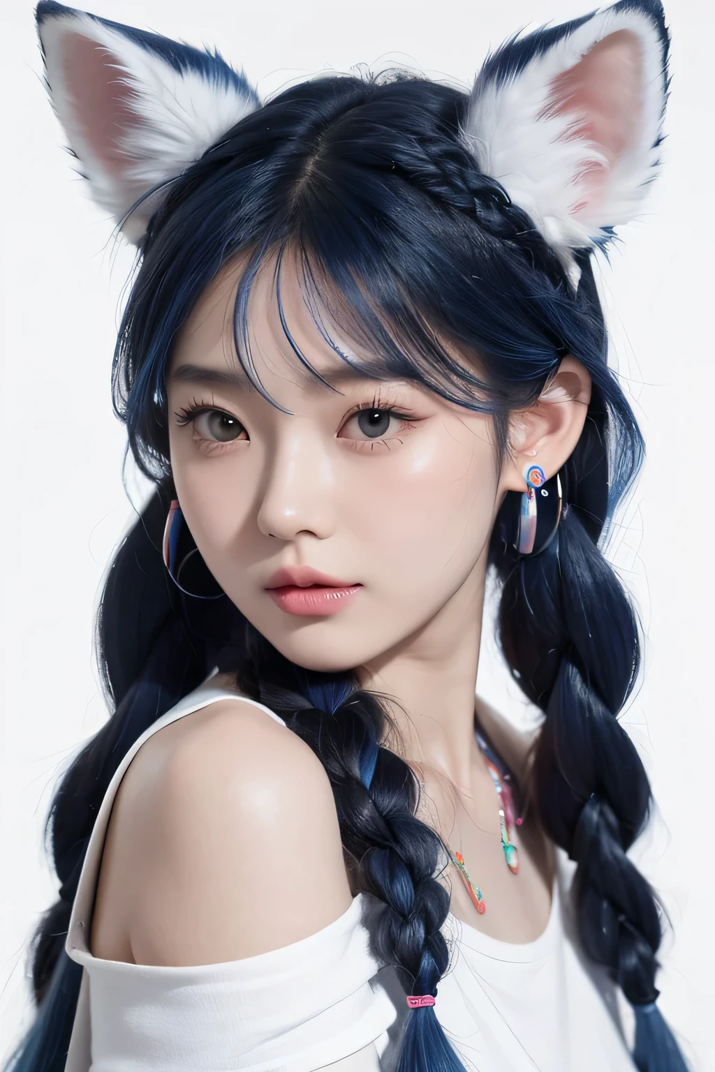 masterpiece, best quality, high resolution, (White background: 1.4), [flash], [looking at the audience, portrait, 1 cute chinese girl], (long hair, blue hair, curls, Colorful braids: 1.3, furry fox ears, air bangs), White off-shoulder short sleeves, Exquisite facial features, pink lips, earrings, necklace